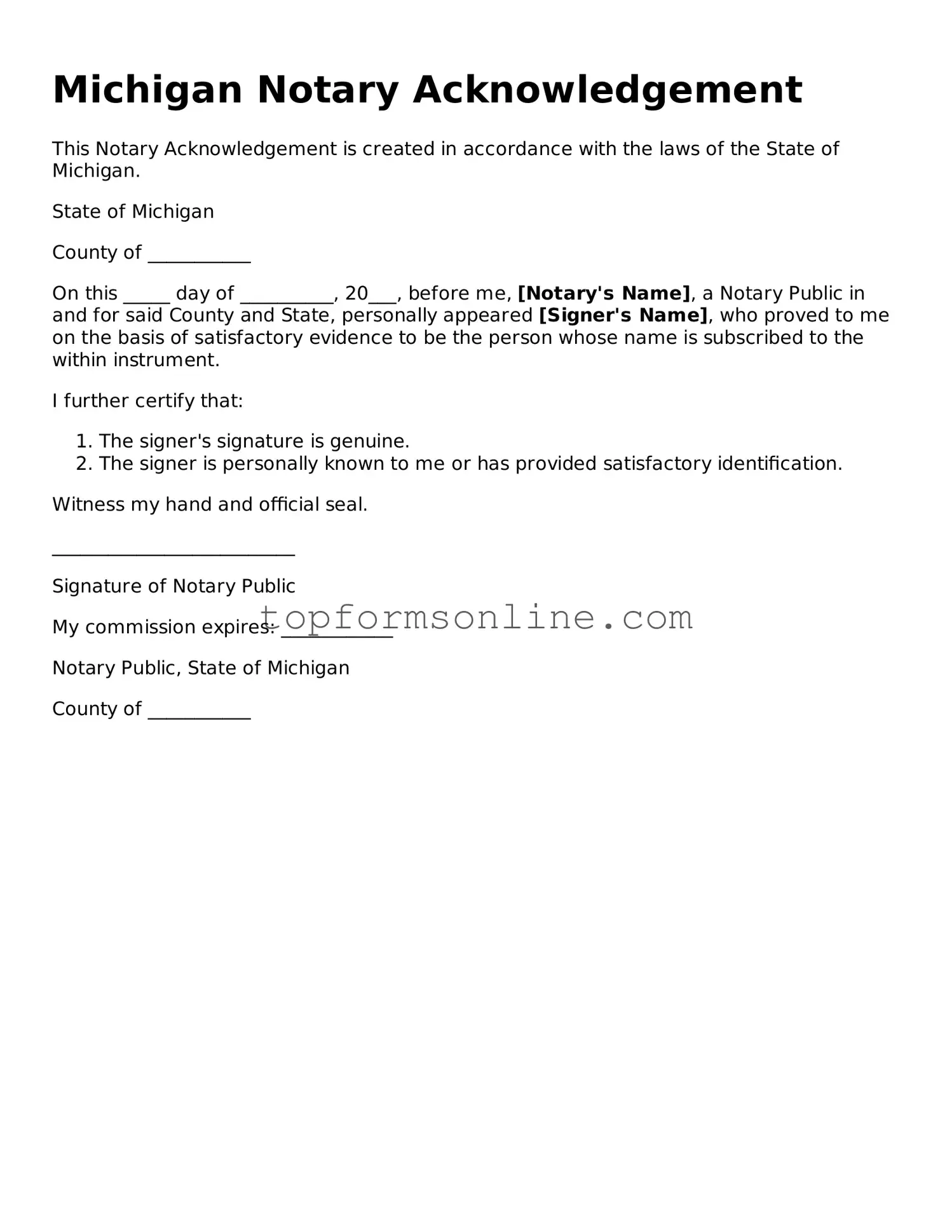 Printable Michigan Notary Acknowledgement Template