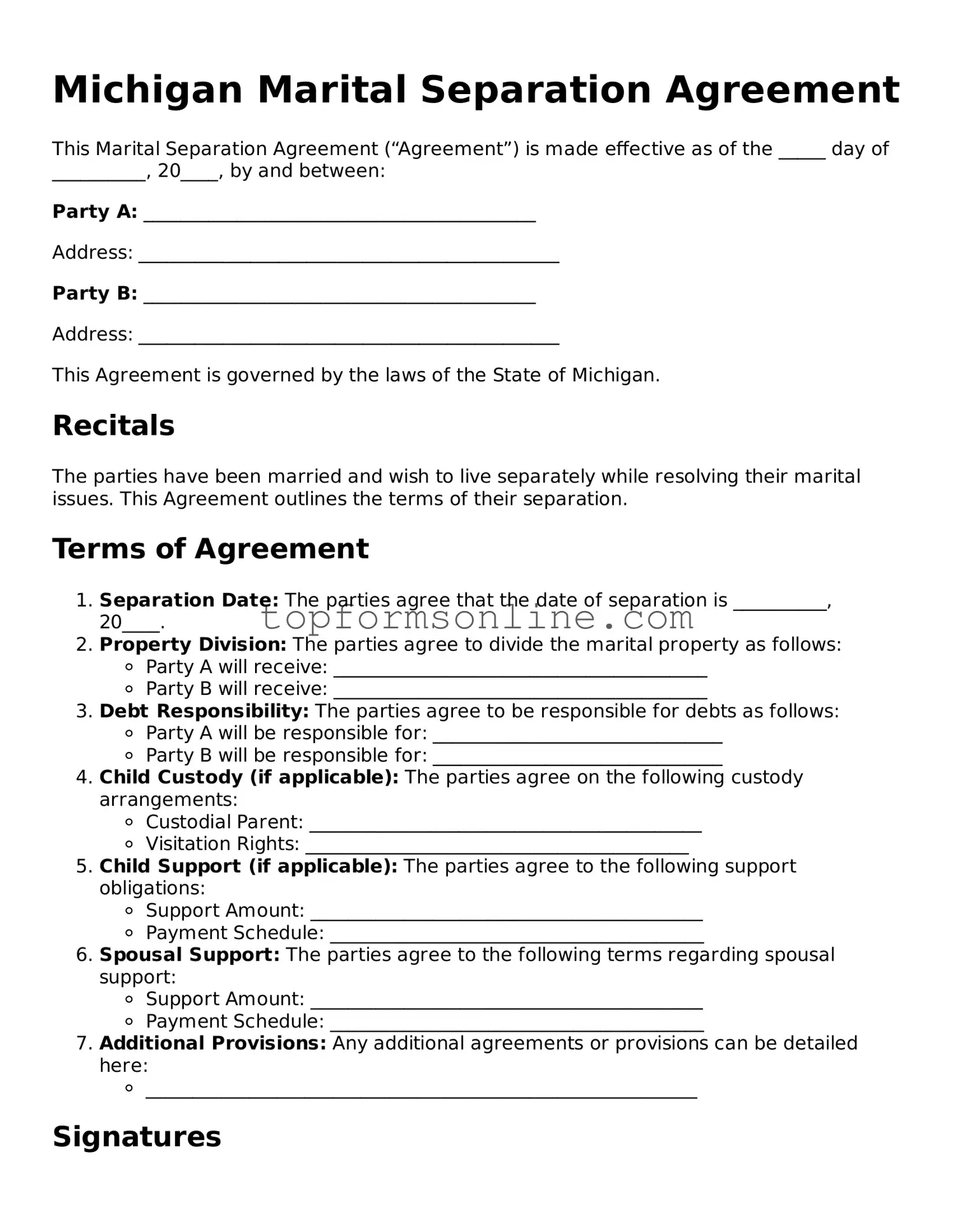 Printable Michigan Marital Separation Agreement Template