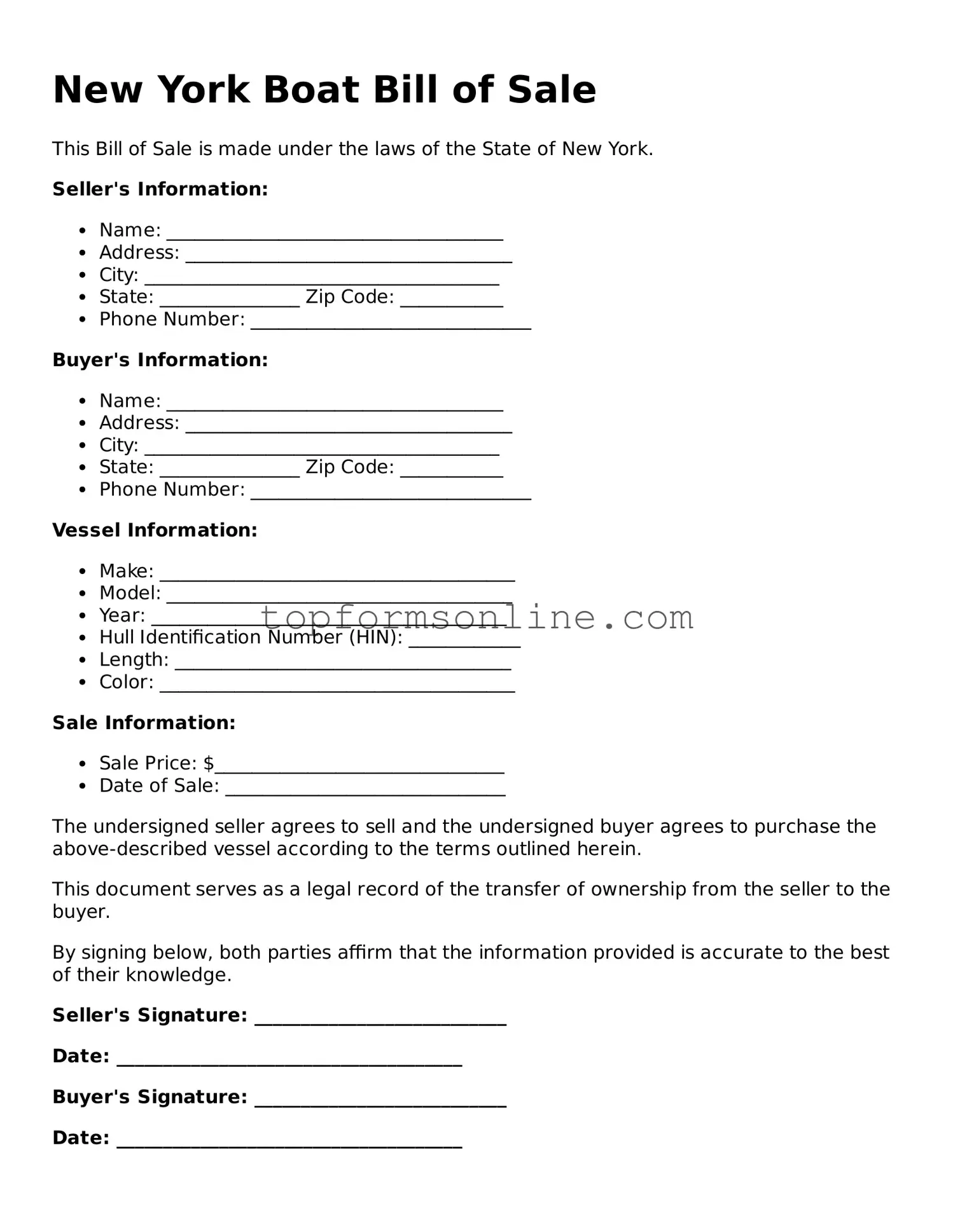 Printable New York Boat Bill of Sale Template