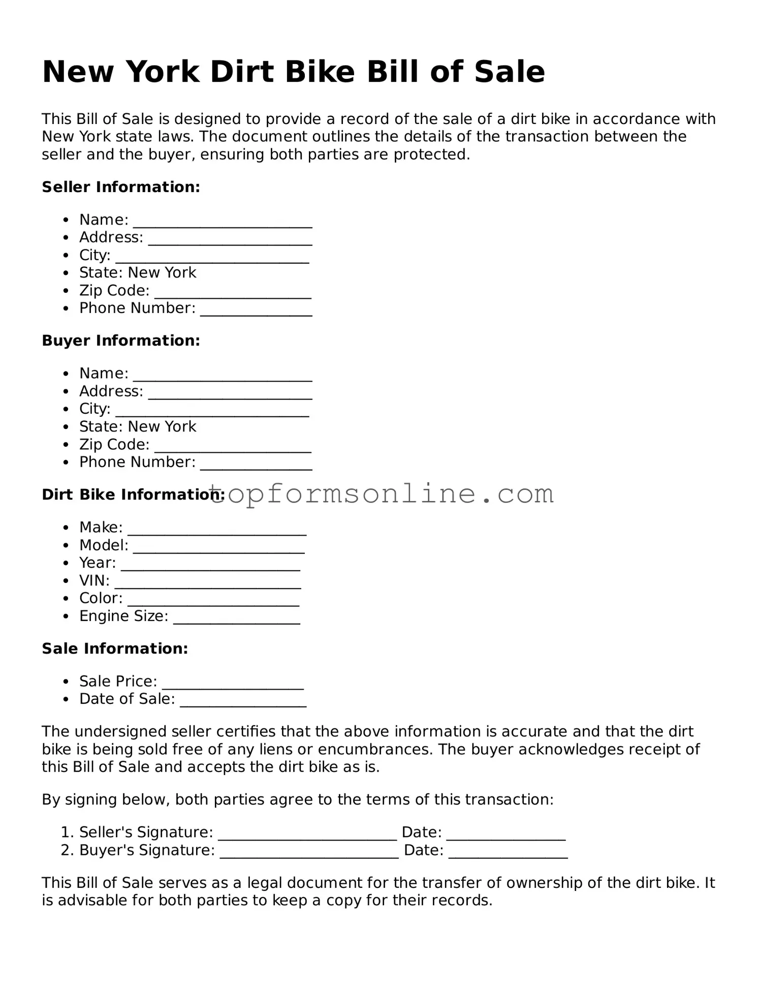 Printable New York Dirt Bike Bill of Sale Template