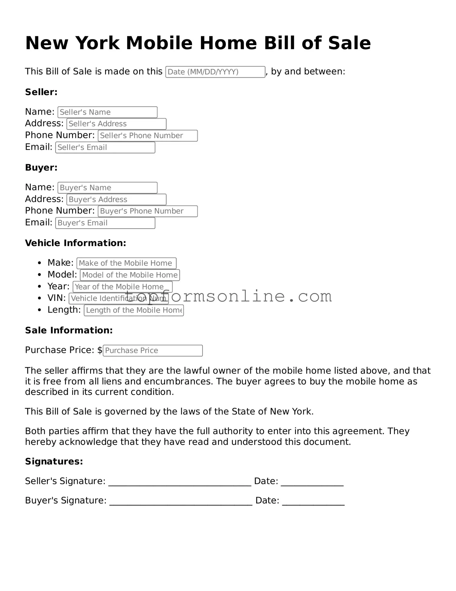 Printable New York Mobile Home Bill of Sale Template