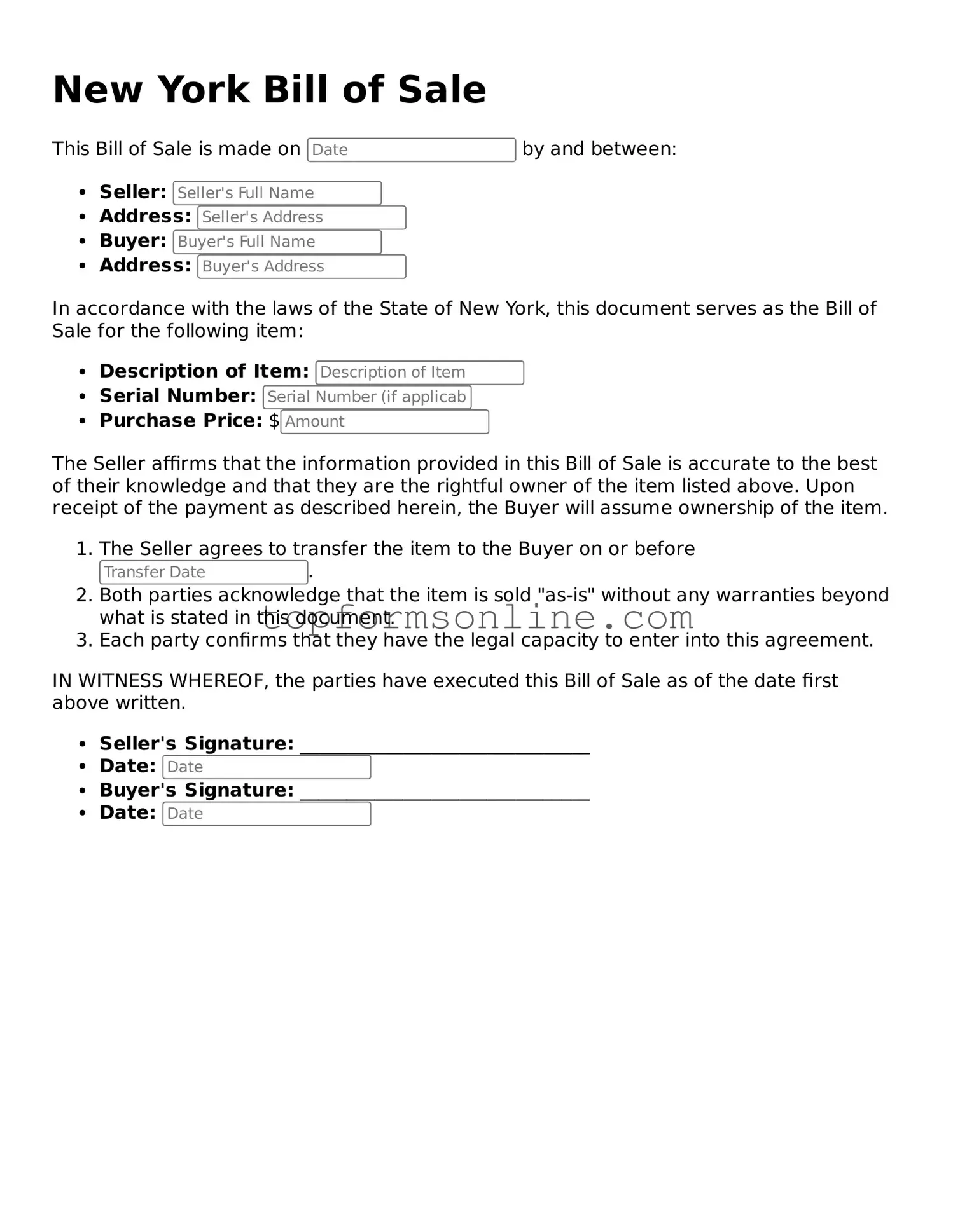 Printable New York Bill of Sale Template