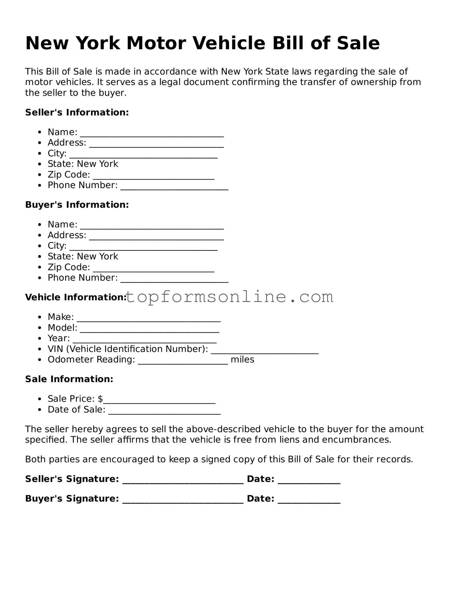 Printable New York Motor Vehicle Bill of Sale Template