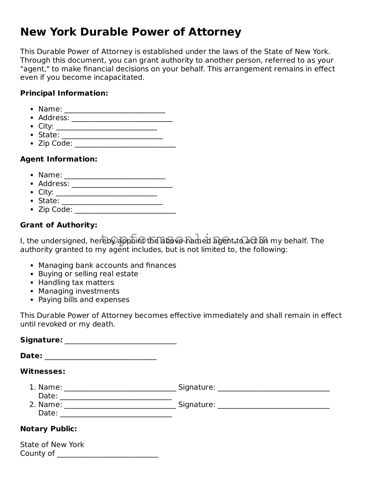 Printable New York Durable Power of Attorney Template