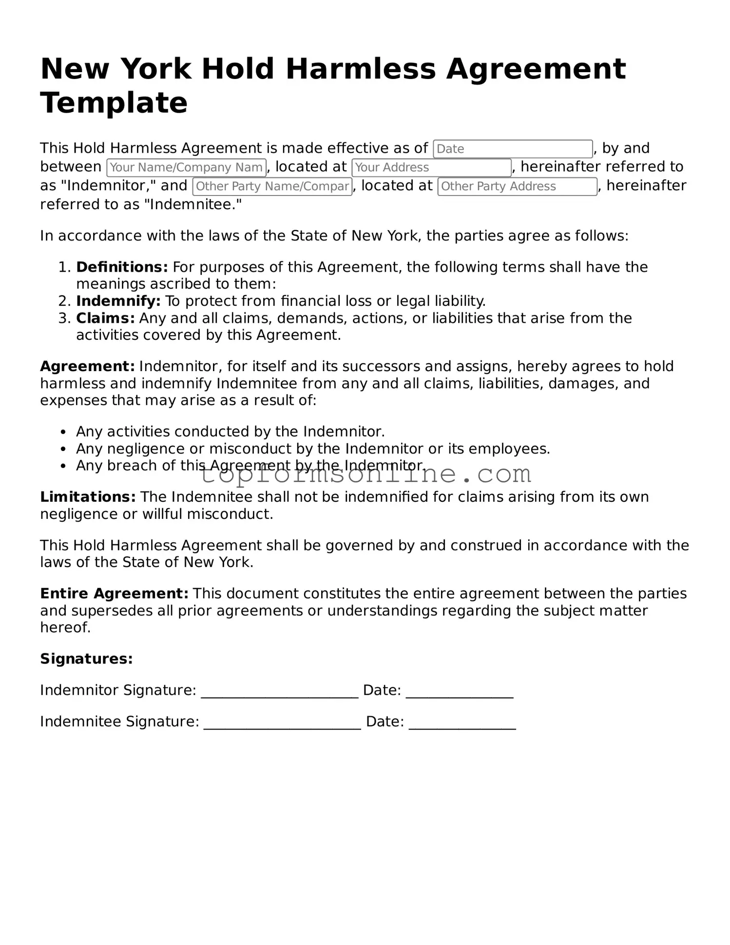 Printable New York Hold Harmless Agreement Template