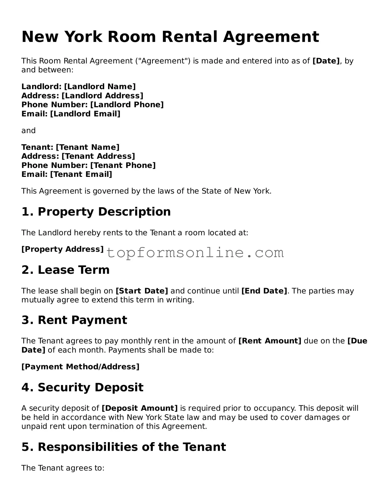 Printable New York Room Rental Agreement Template