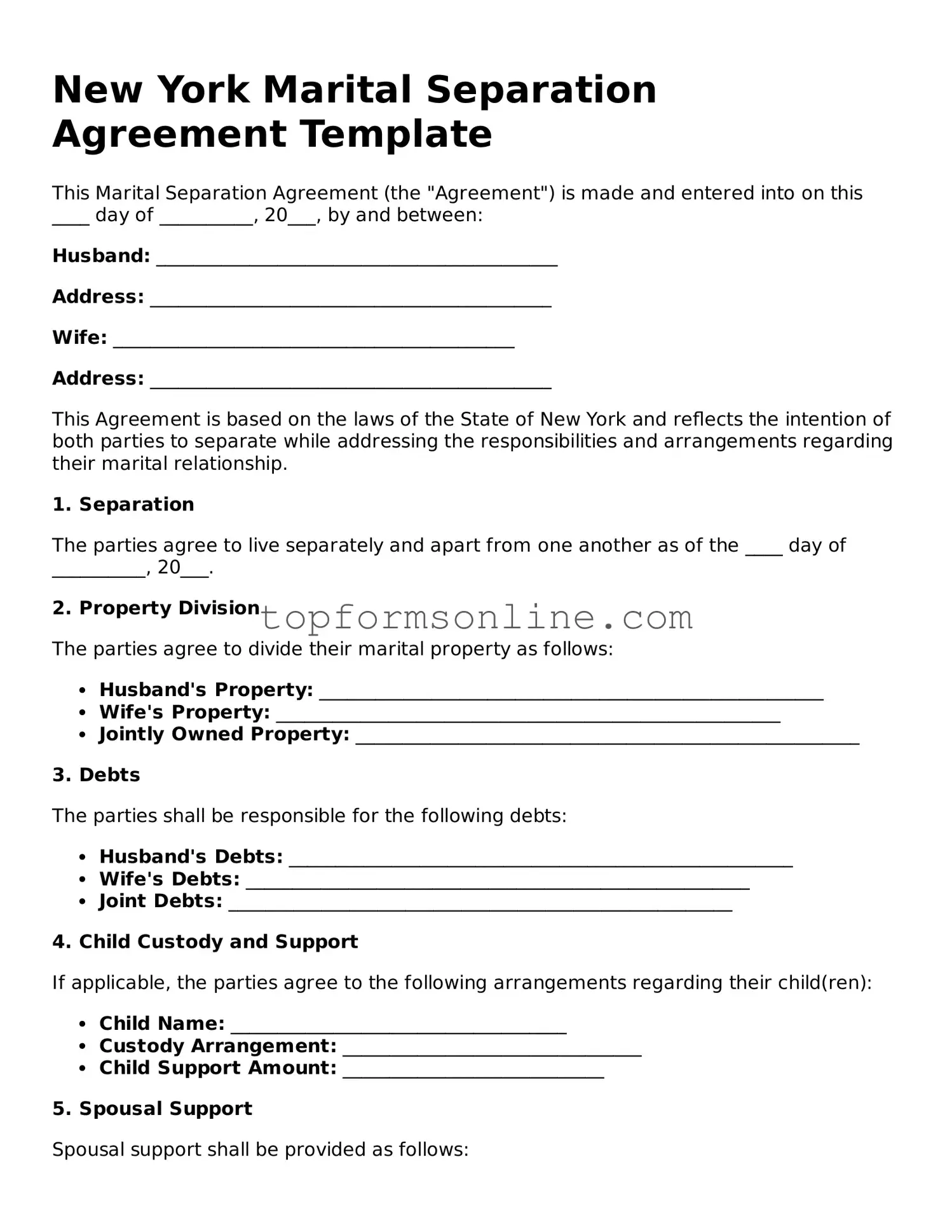 Printable New York Marital Separation Agreement Template