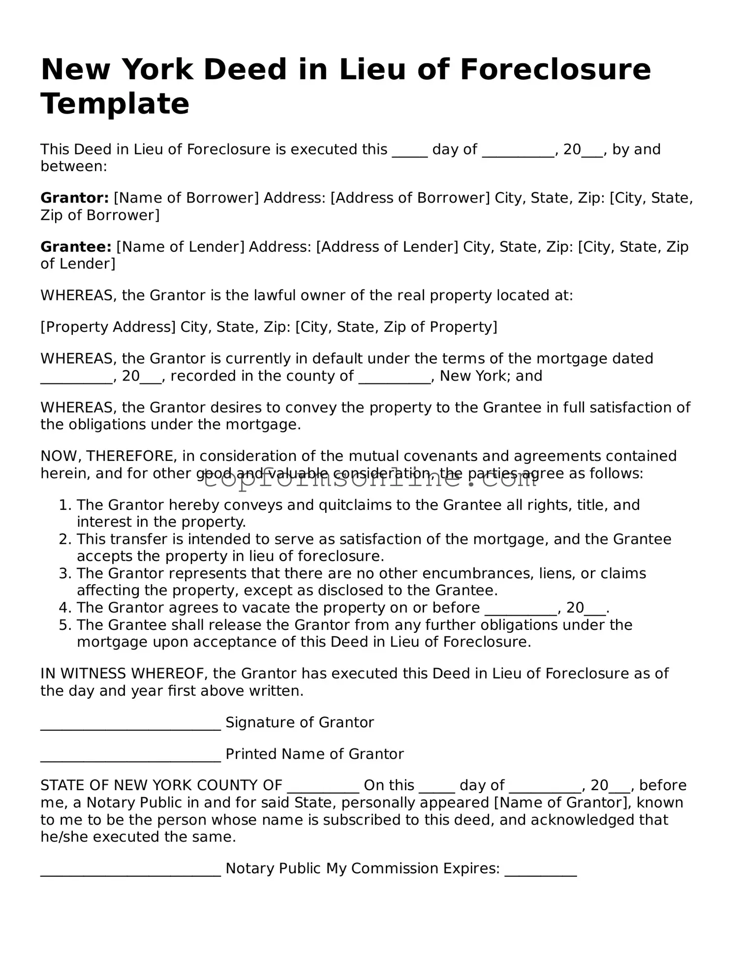 Printable New York Deed in Lieu of Foreclosure Template