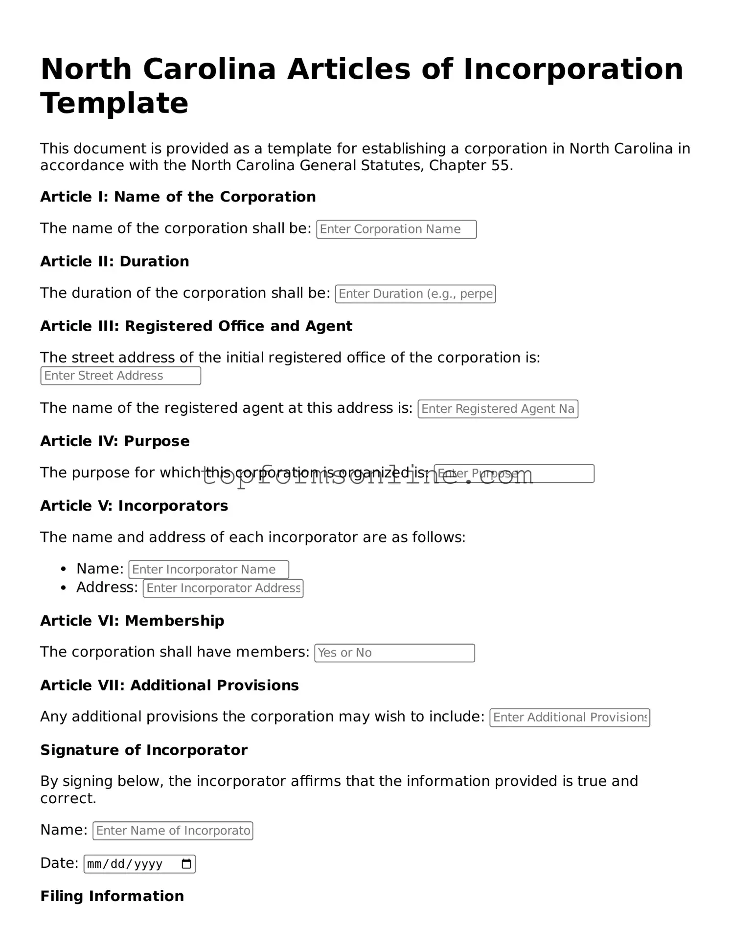 Printable North Carolina Articles of Incorporation Template
