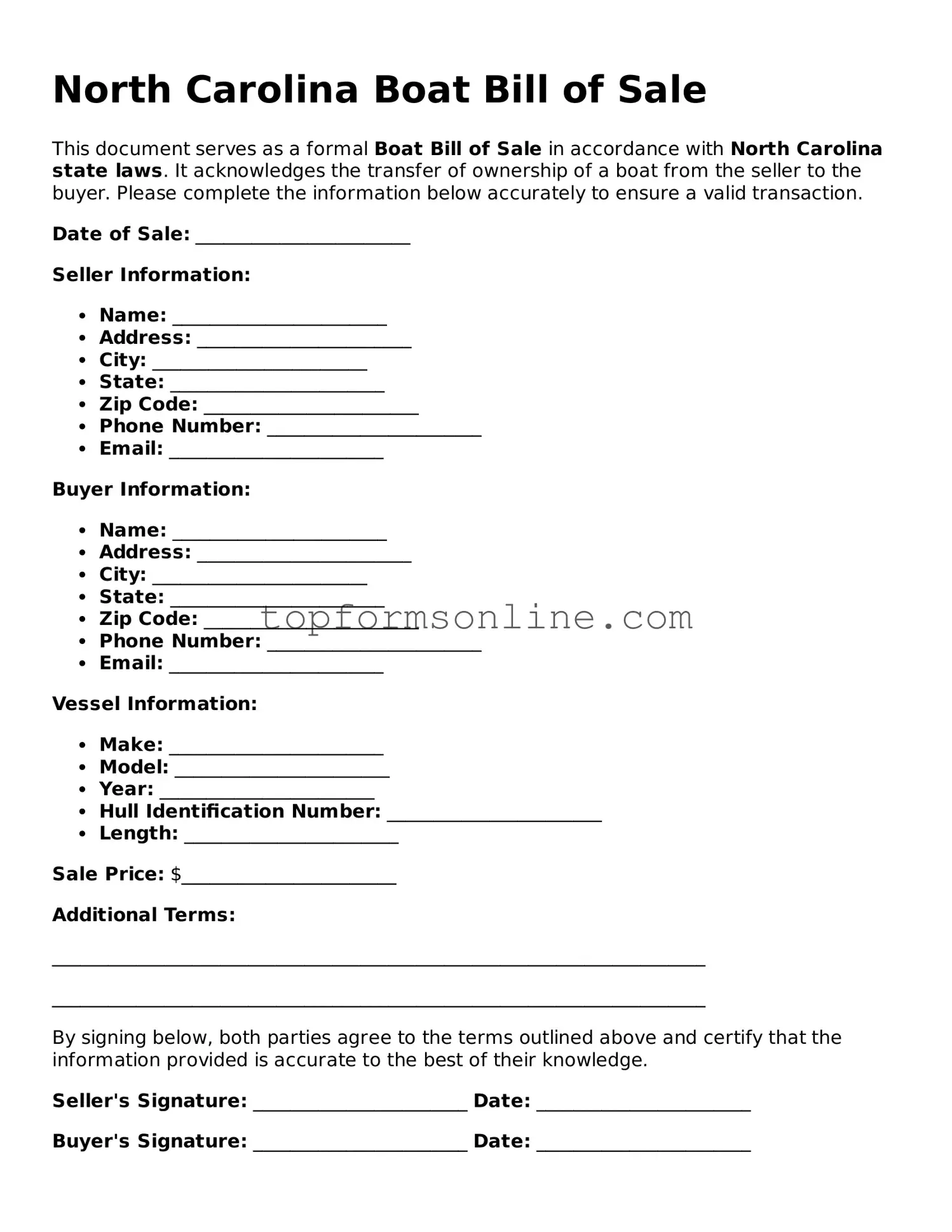 Printable North Carolina Boat Bill of Sale Template