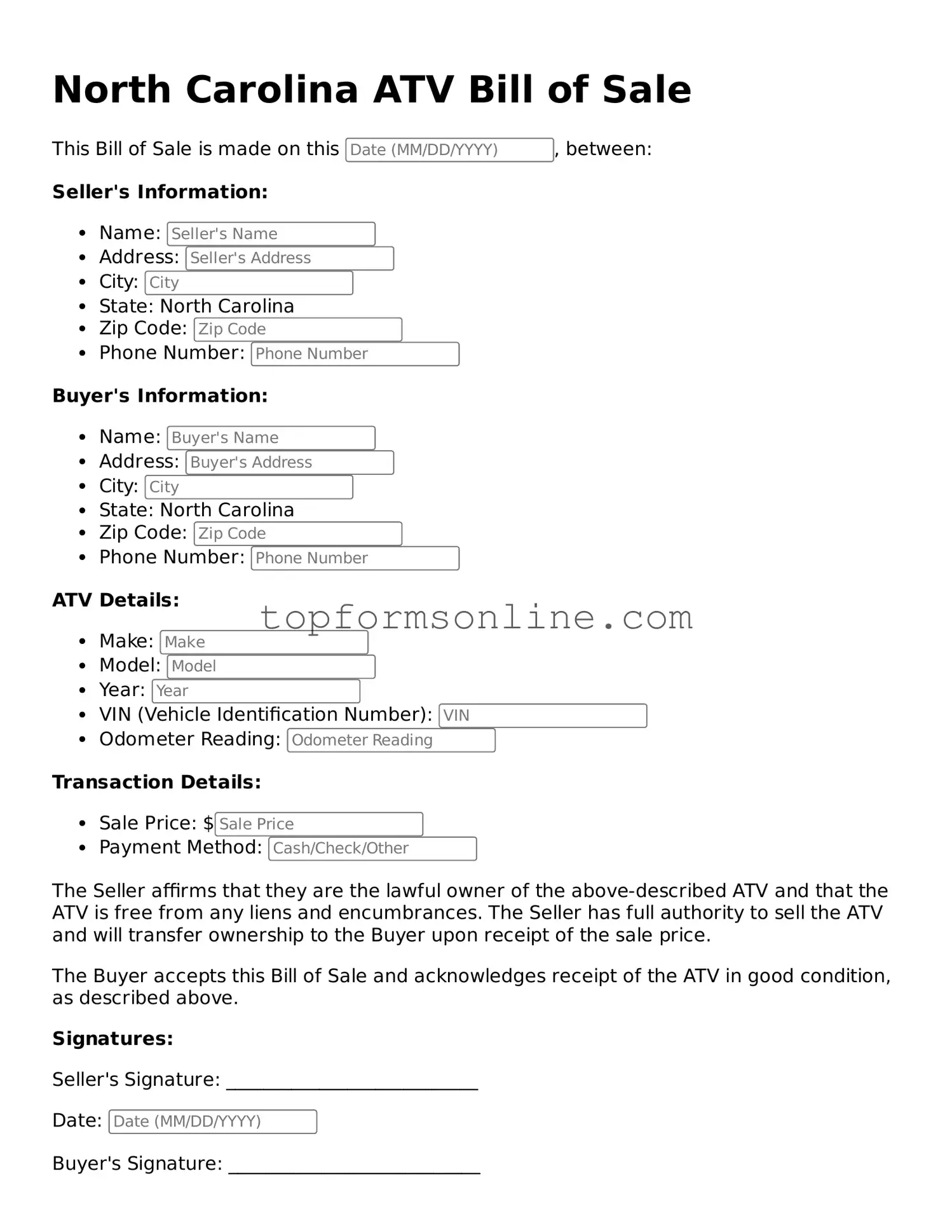 Printable North Carolina ATV Bill of Sale Template
