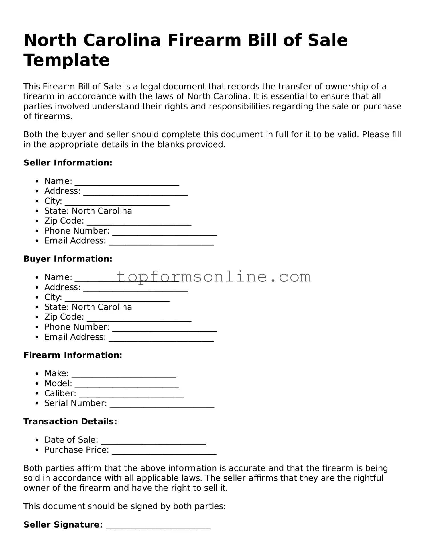 Printable North Carolina Firearm Bill of Sale Template