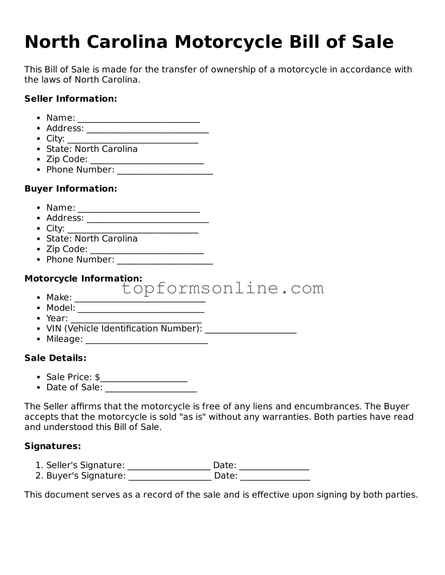 Printable North Carolina Motorcycle Bill of Sale Template