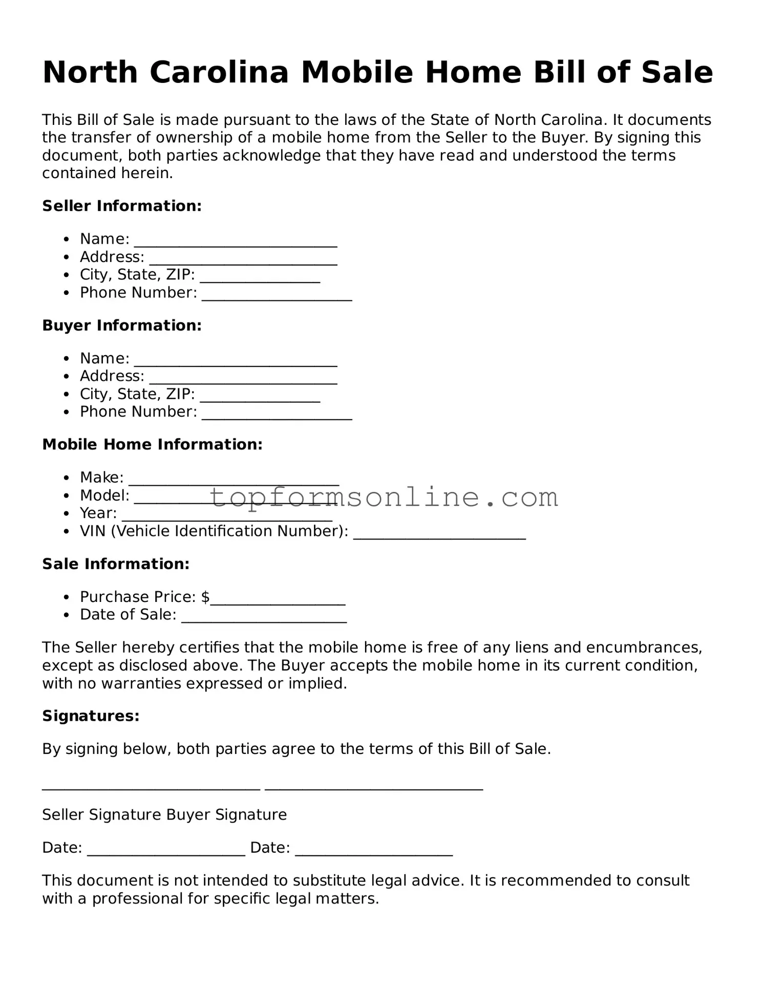 Printable North Carolina Mobile Home Bill of Sale Template
