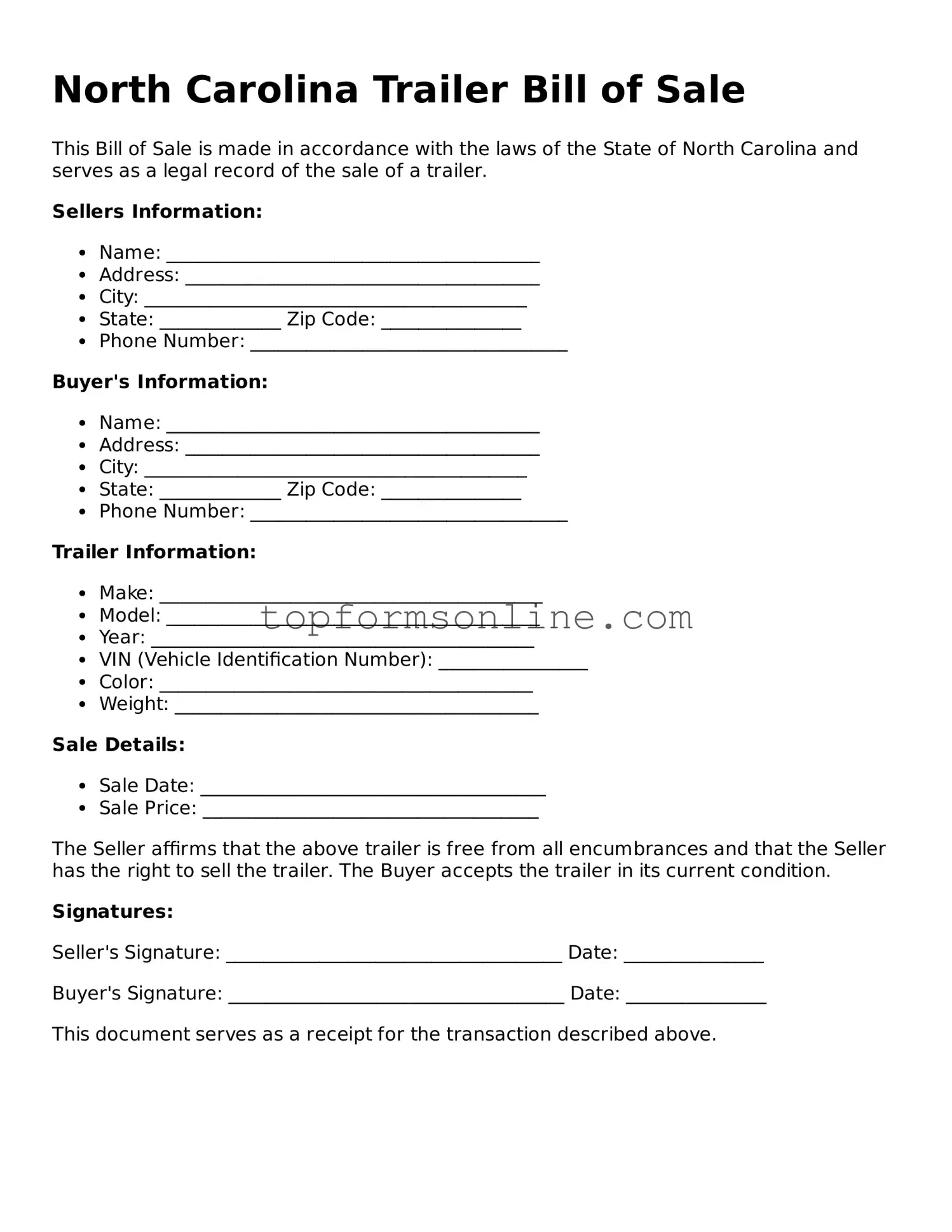 Printable North Carolina Trailer Bill of Sale Template