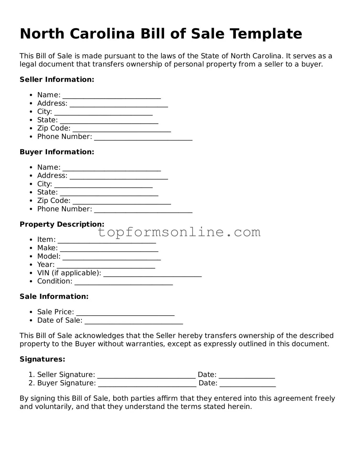 Printable North Carolina Bill of Sale Template
