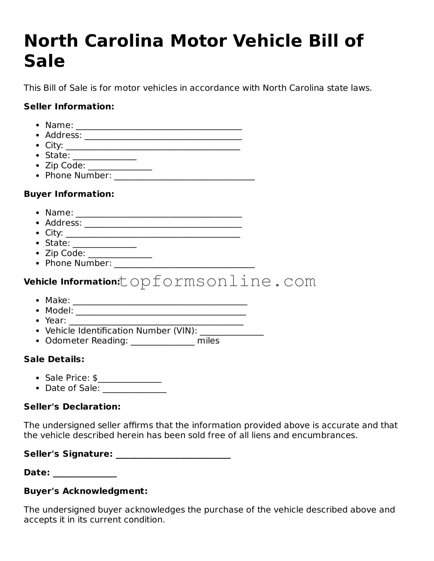 Printable North Carolina Motor Vehicle Bill of Sale Template
