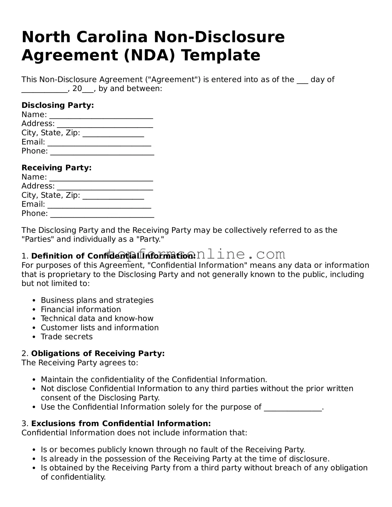 Printable North Carolina Non-disclosure Agreement Template