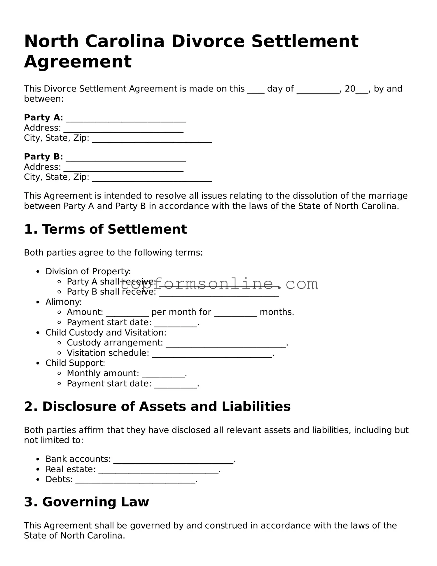 Printable North Carolina Divorce Settlement Agreement Template