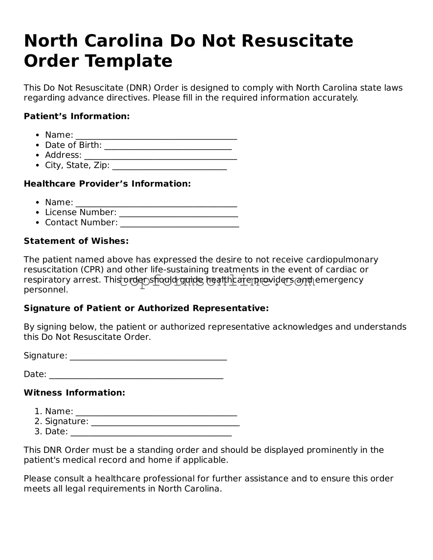 Printable North Carolina Do Not Resuscitate Order Template