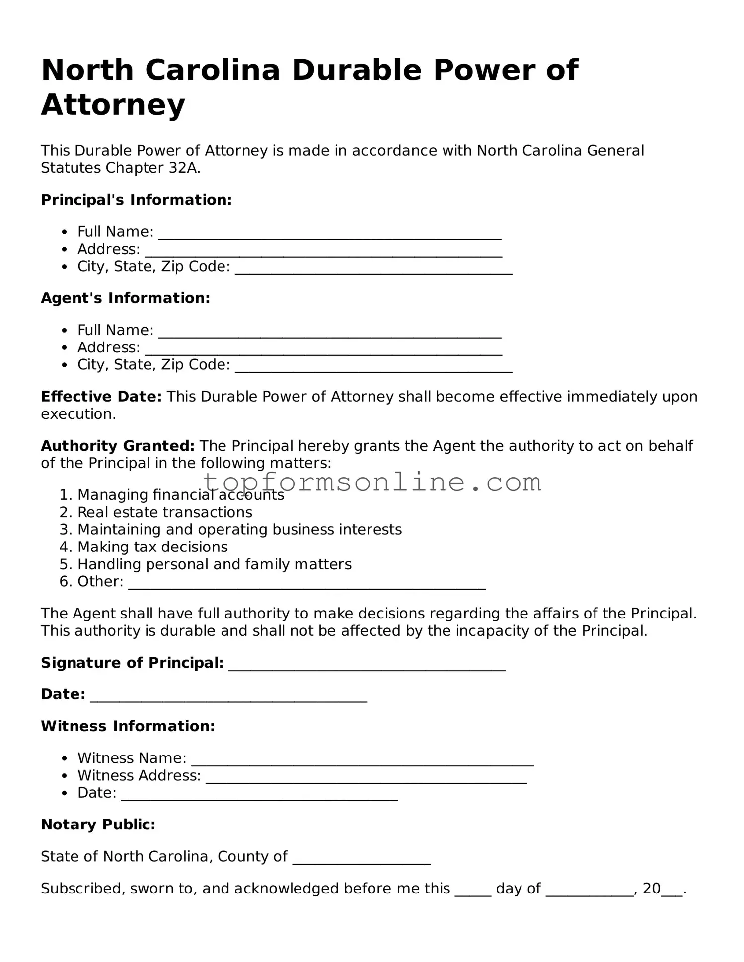 Printable North Carolina Durable Power of Attorney Template