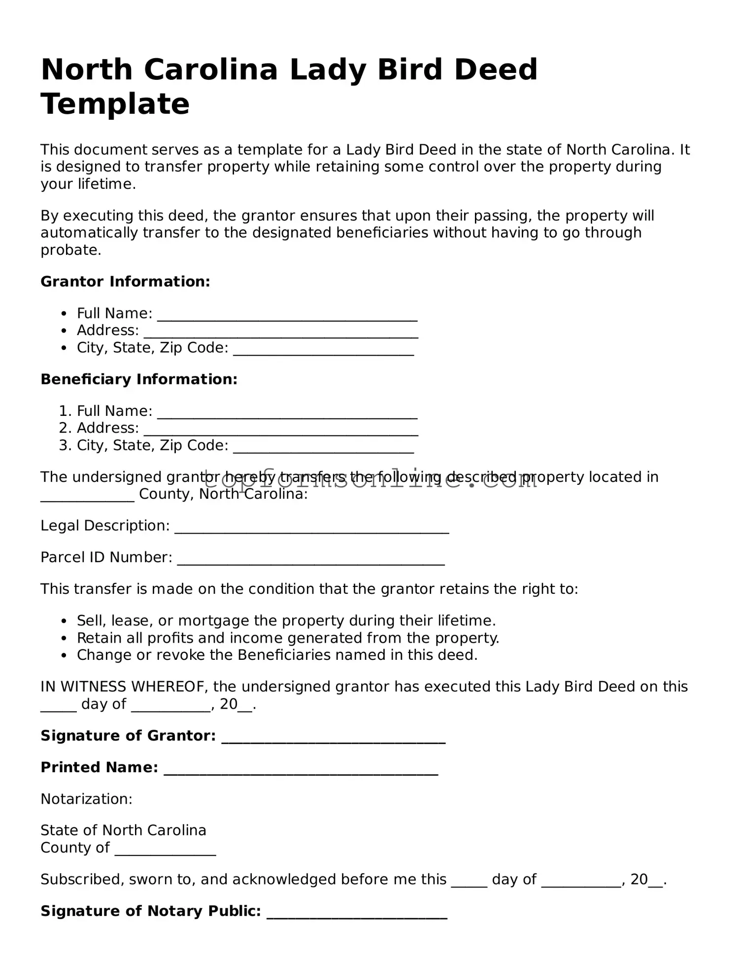 Printable North Carolina Lady Bird Deed Template