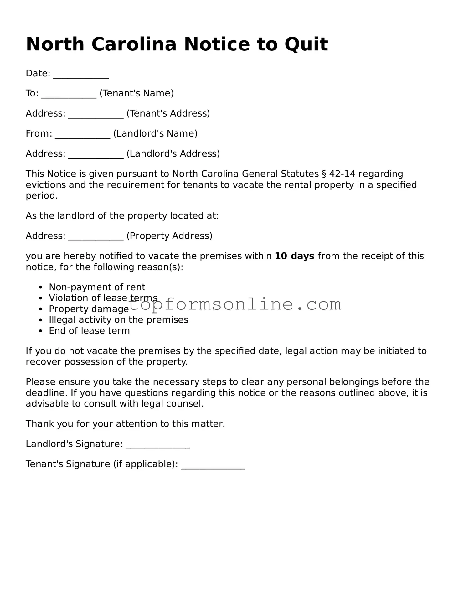 Printable North Carolina Notice to Quit Template