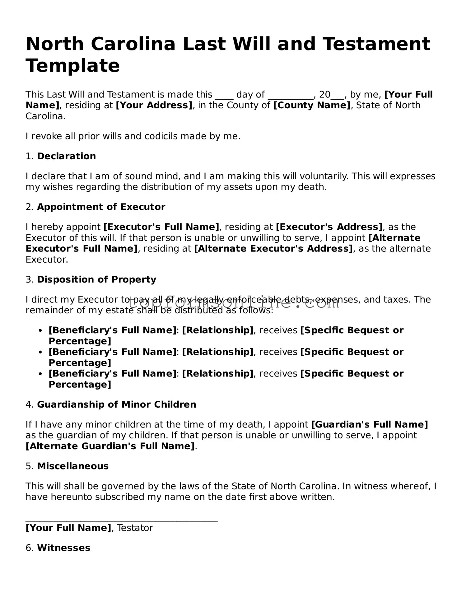 Printable North Carolina Last Will and Testament Template