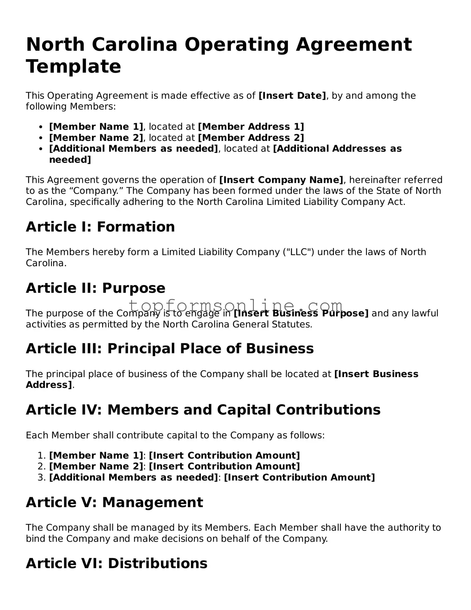 Printable North Carolina Operating Agreement Template