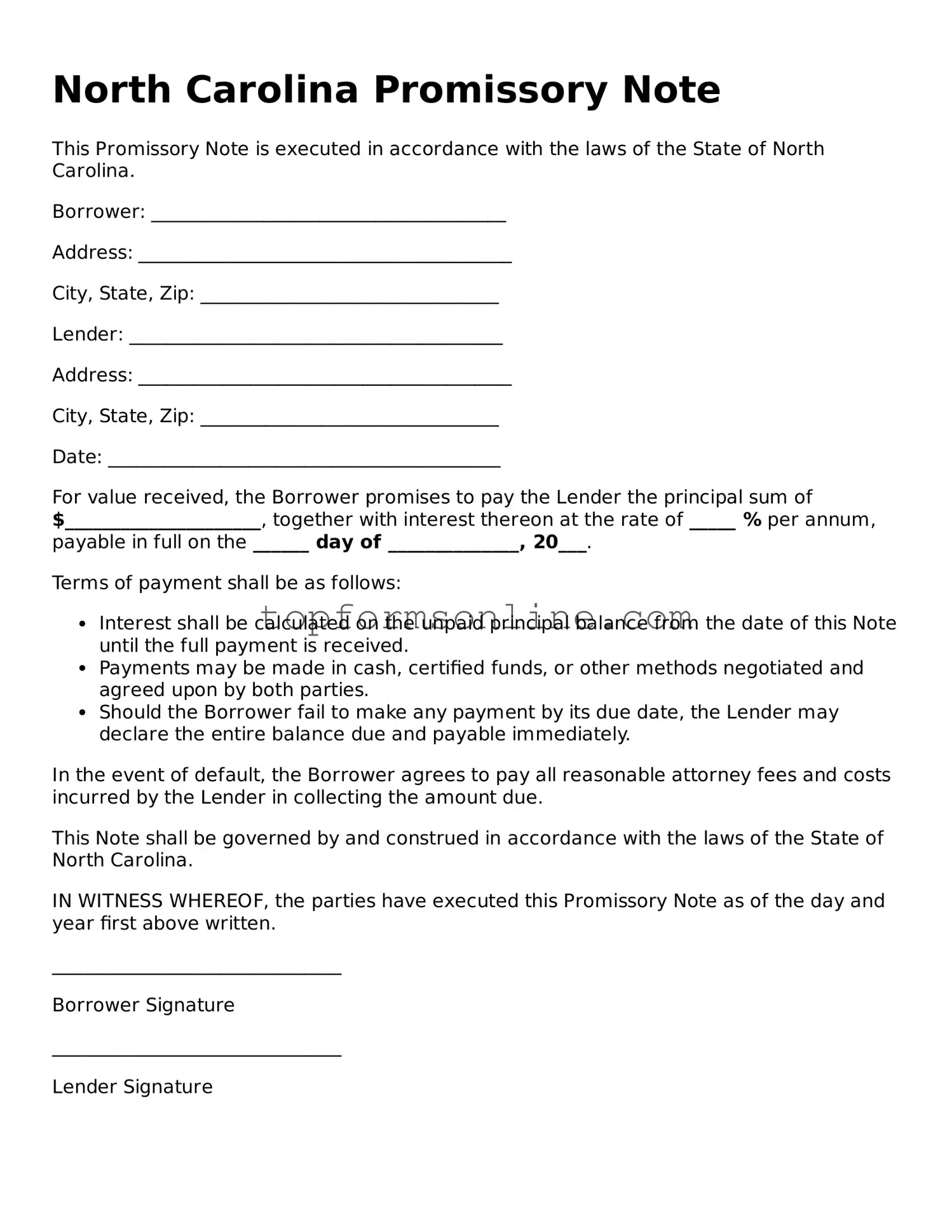 Printable North Carolina Promissory Note Template