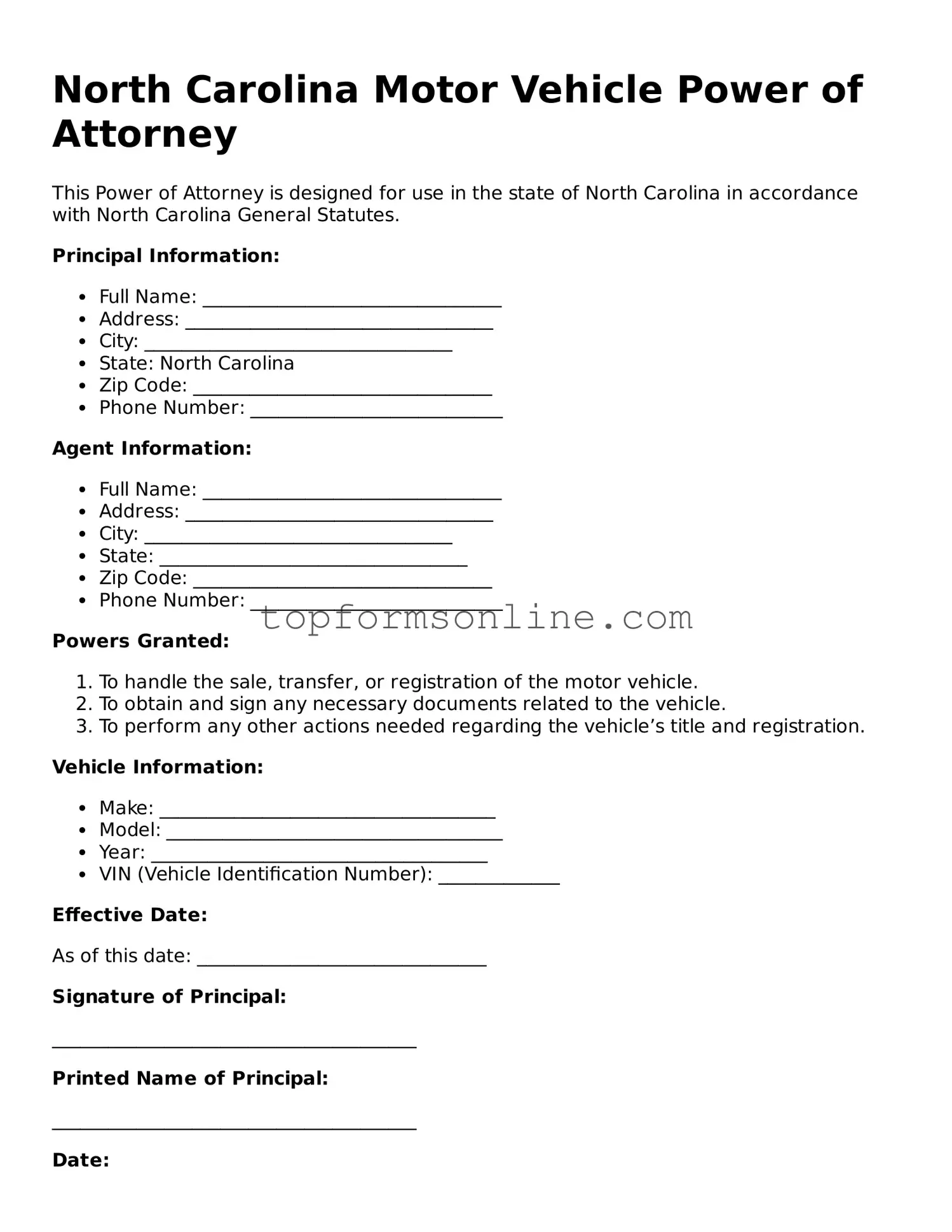 Printable North Carolina Motor Vehicle Power of Attorney Template