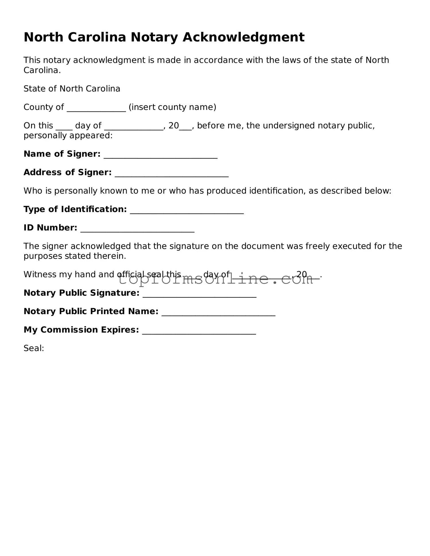 Printable North Carolina Notary Acknowledgement Template