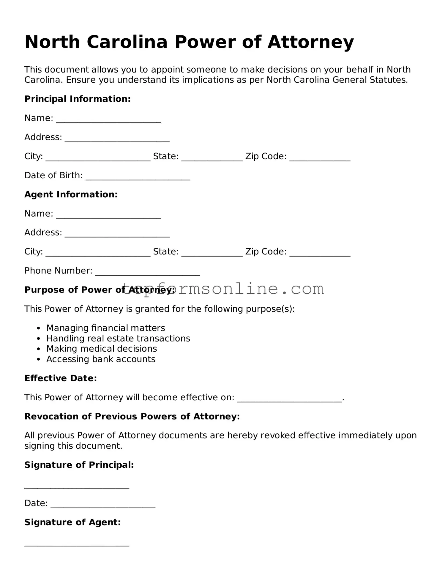 Printable North Carolina Power of Attorney Template