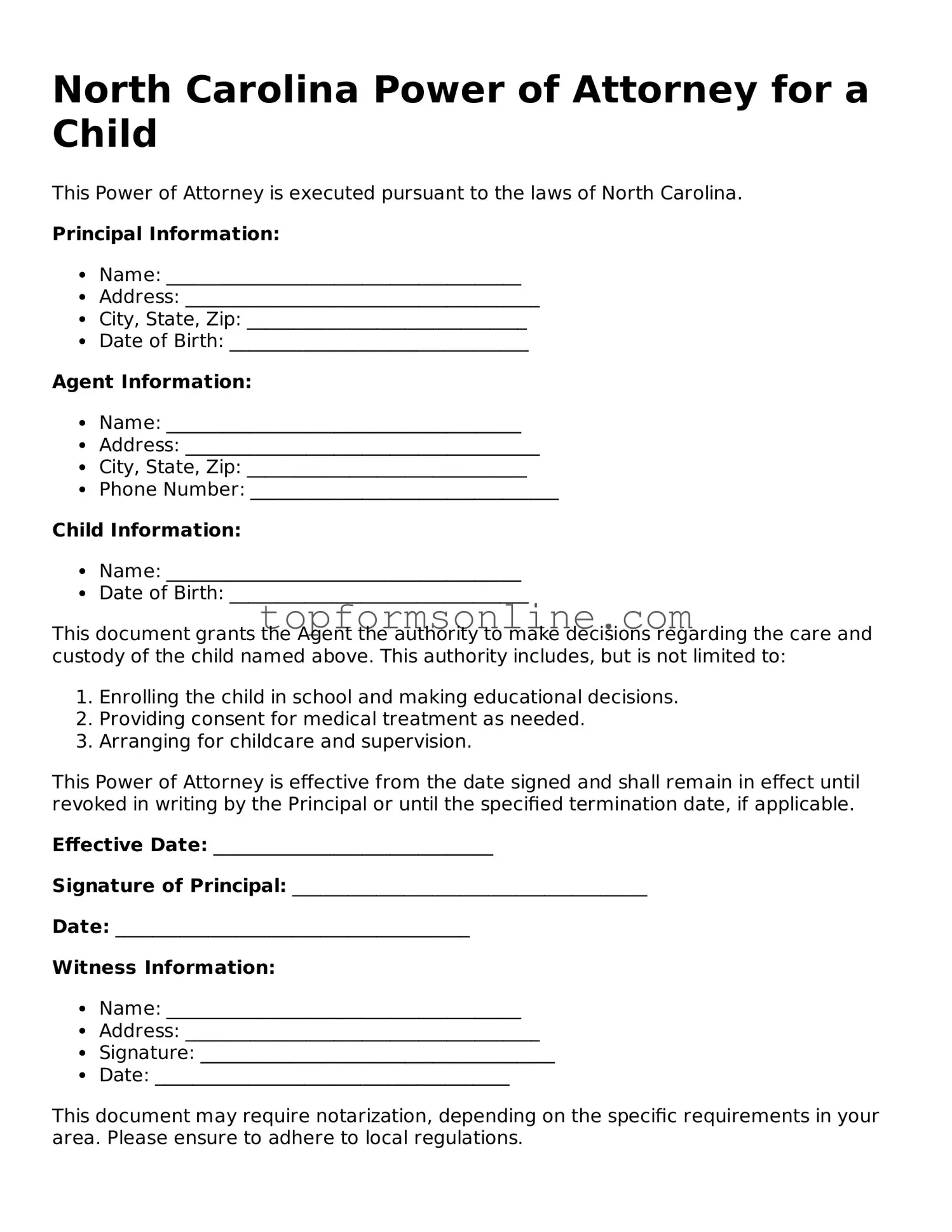 Printable North Carolina Power of Attorney for a Child Template