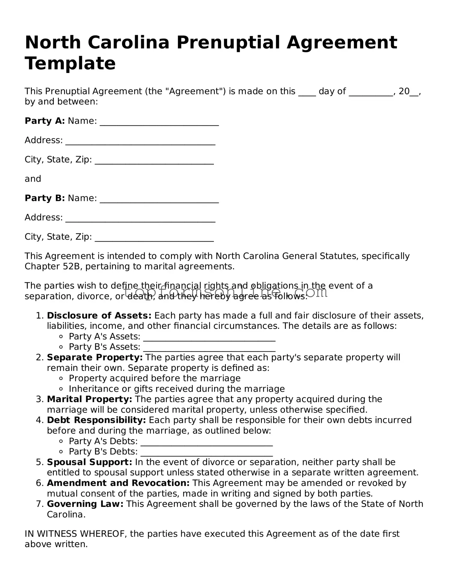 Printable North Carolina Prenuptial Agreement Template