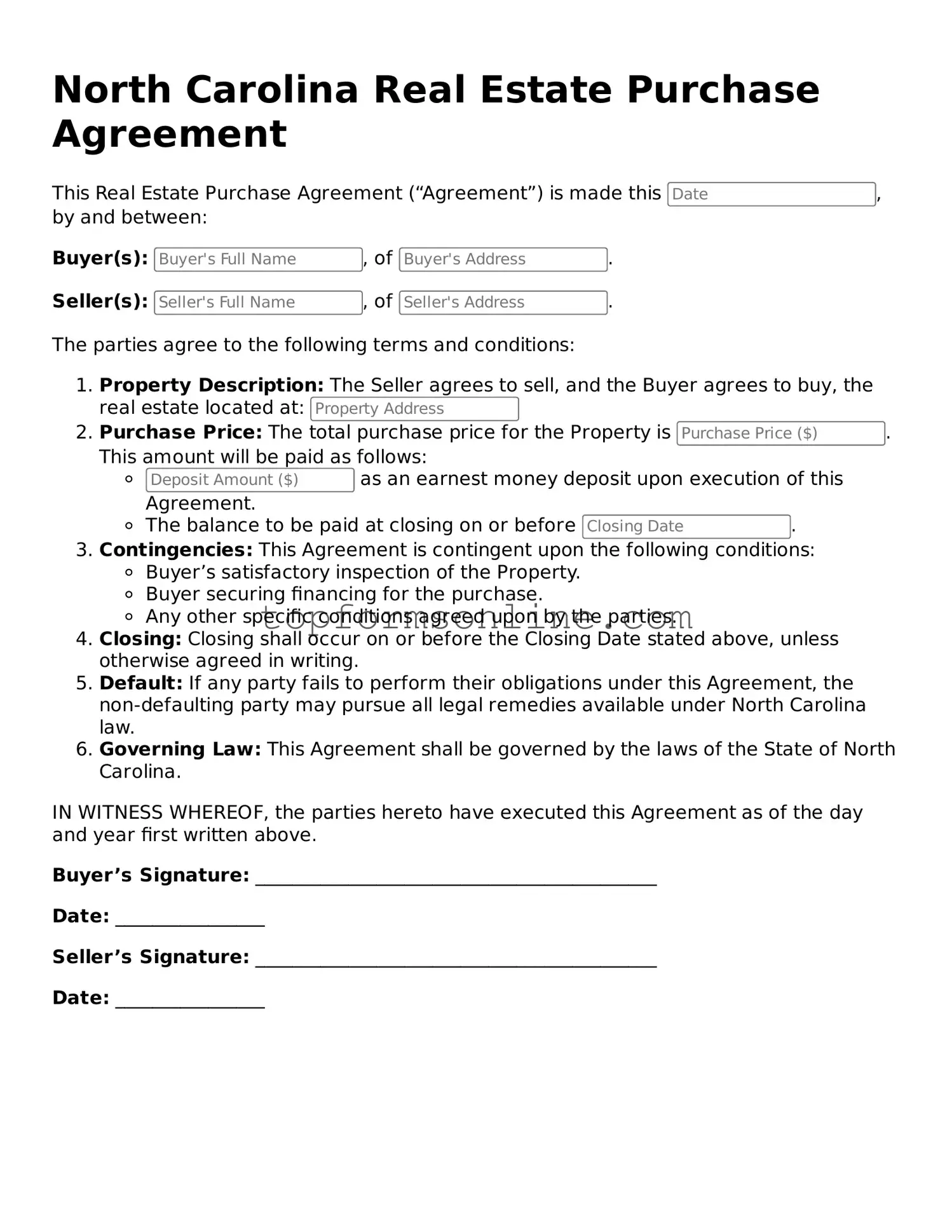 Printable North Carolina Real Estate Purchase Agreement Template