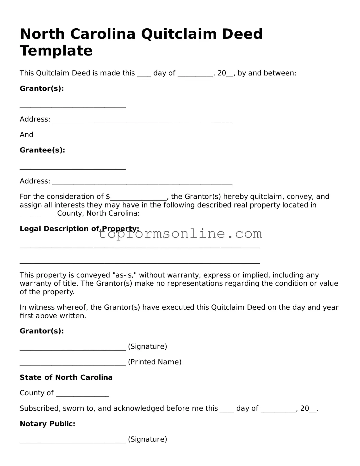 Printable North Carolina Quitclaim Deed Template