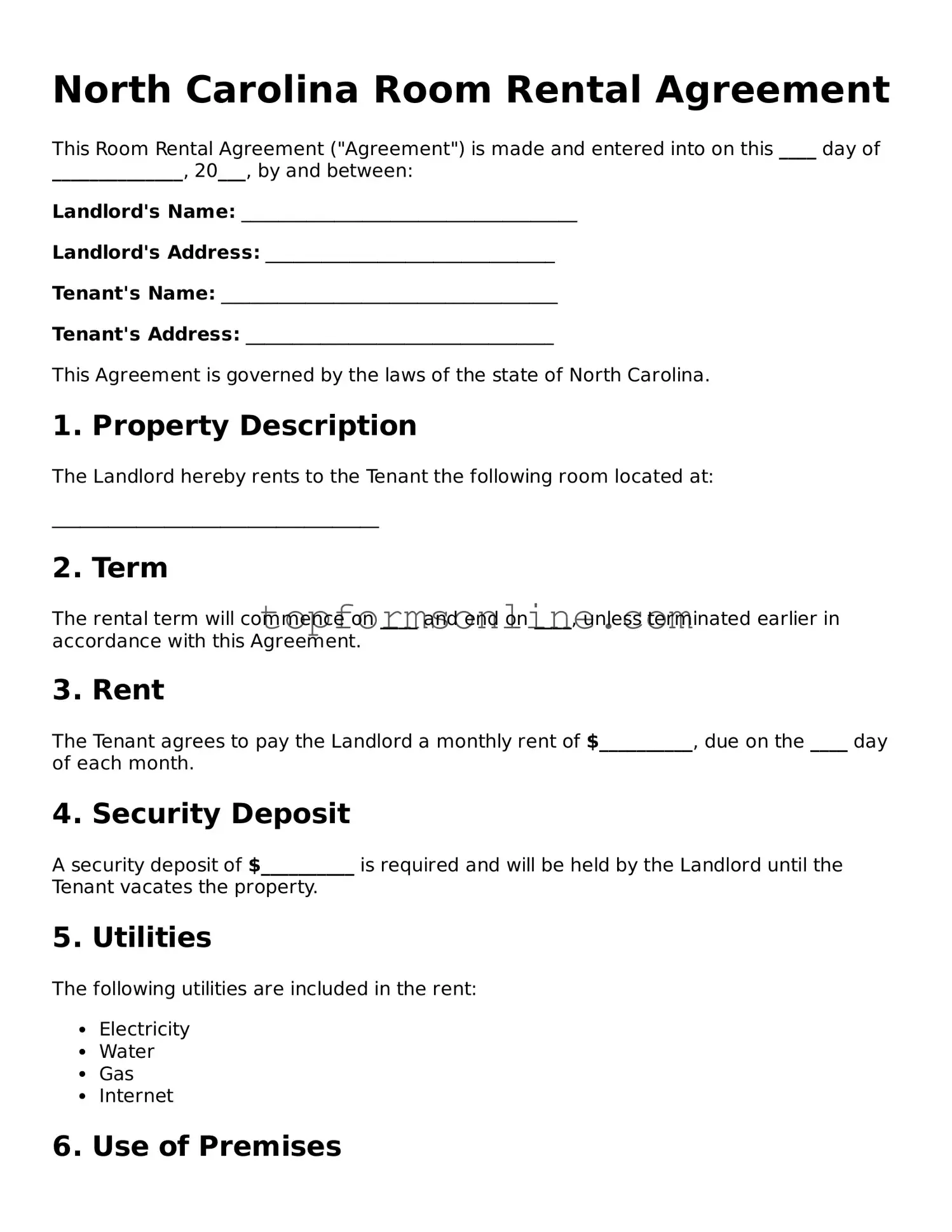 Printable North Carolina Room Rental Agreement Template