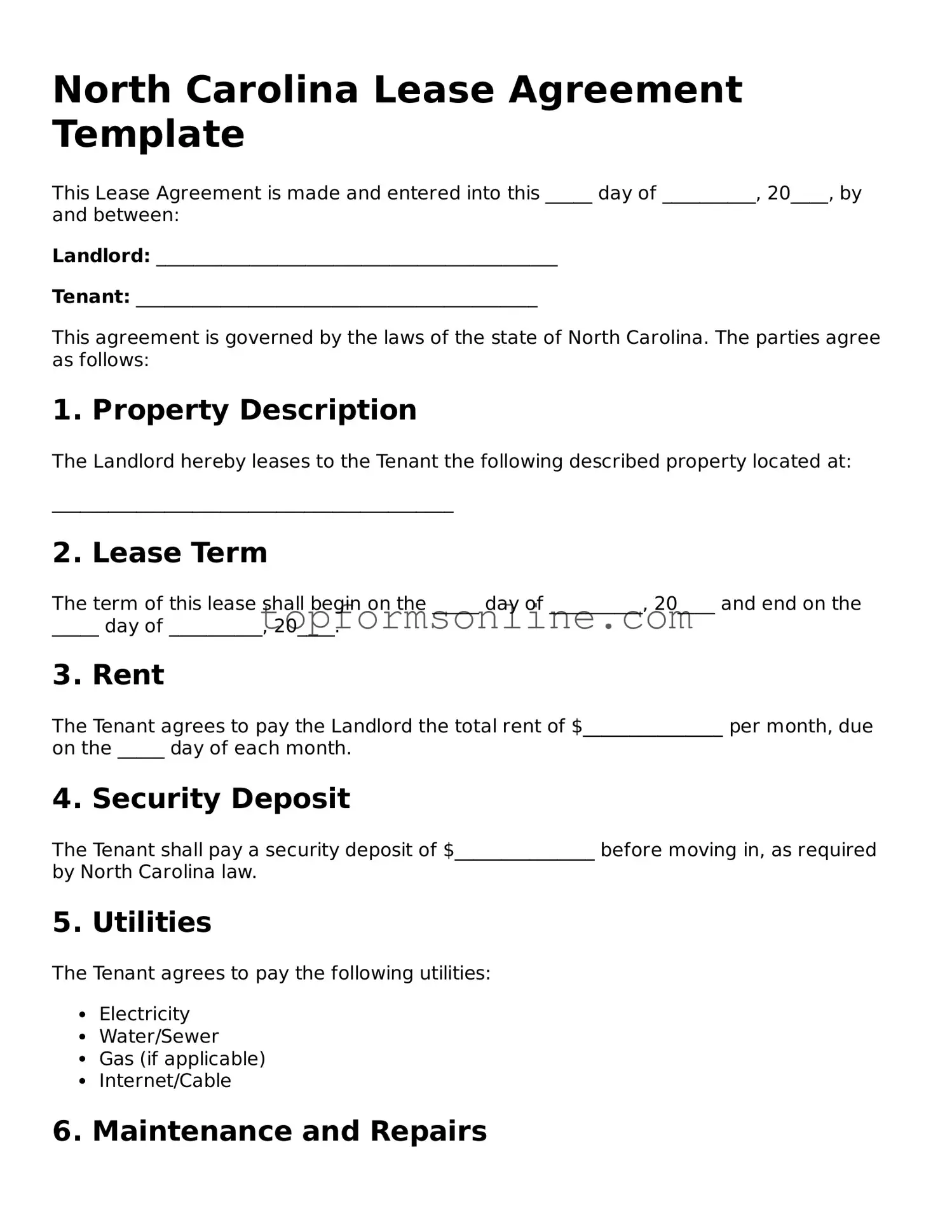 Printable North Carolina Lease Agreement Template