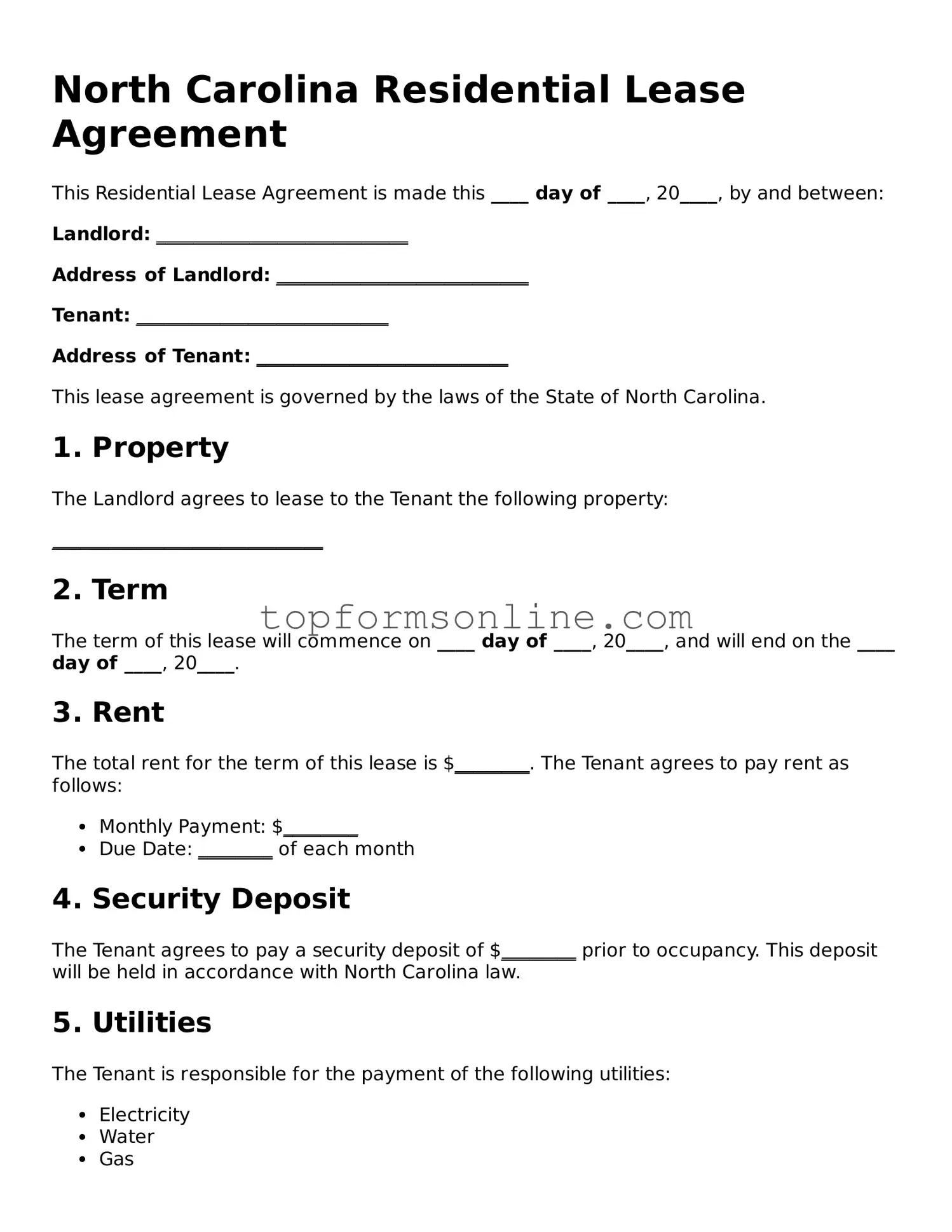 Printable North Carolina Residential Lease Agreement Template