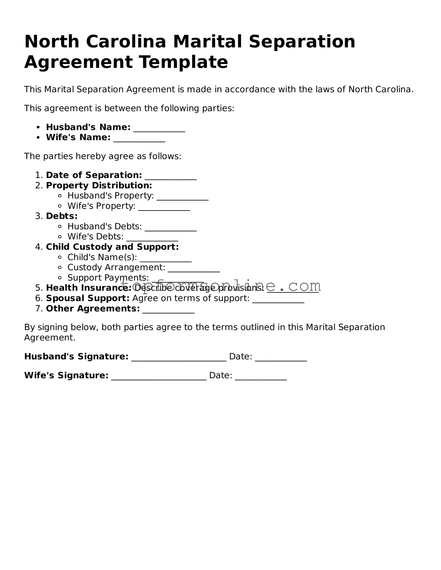 Printable North Carolina Marital Separation Agreement Template