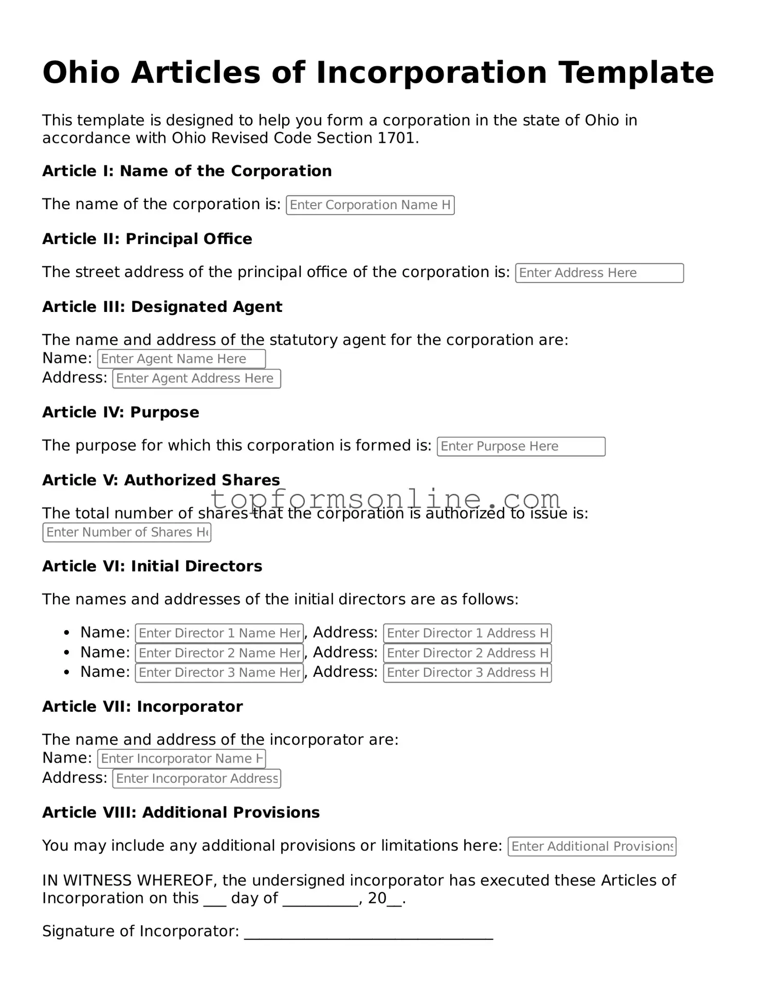 Printable Ohio Articles of Incorporation Template