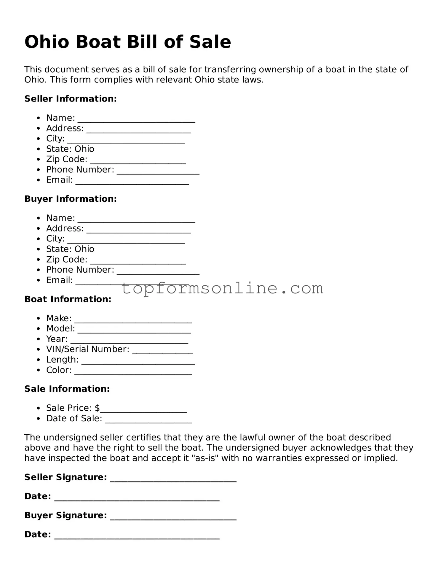 Printable Ohio Boat Bill of Sale Template