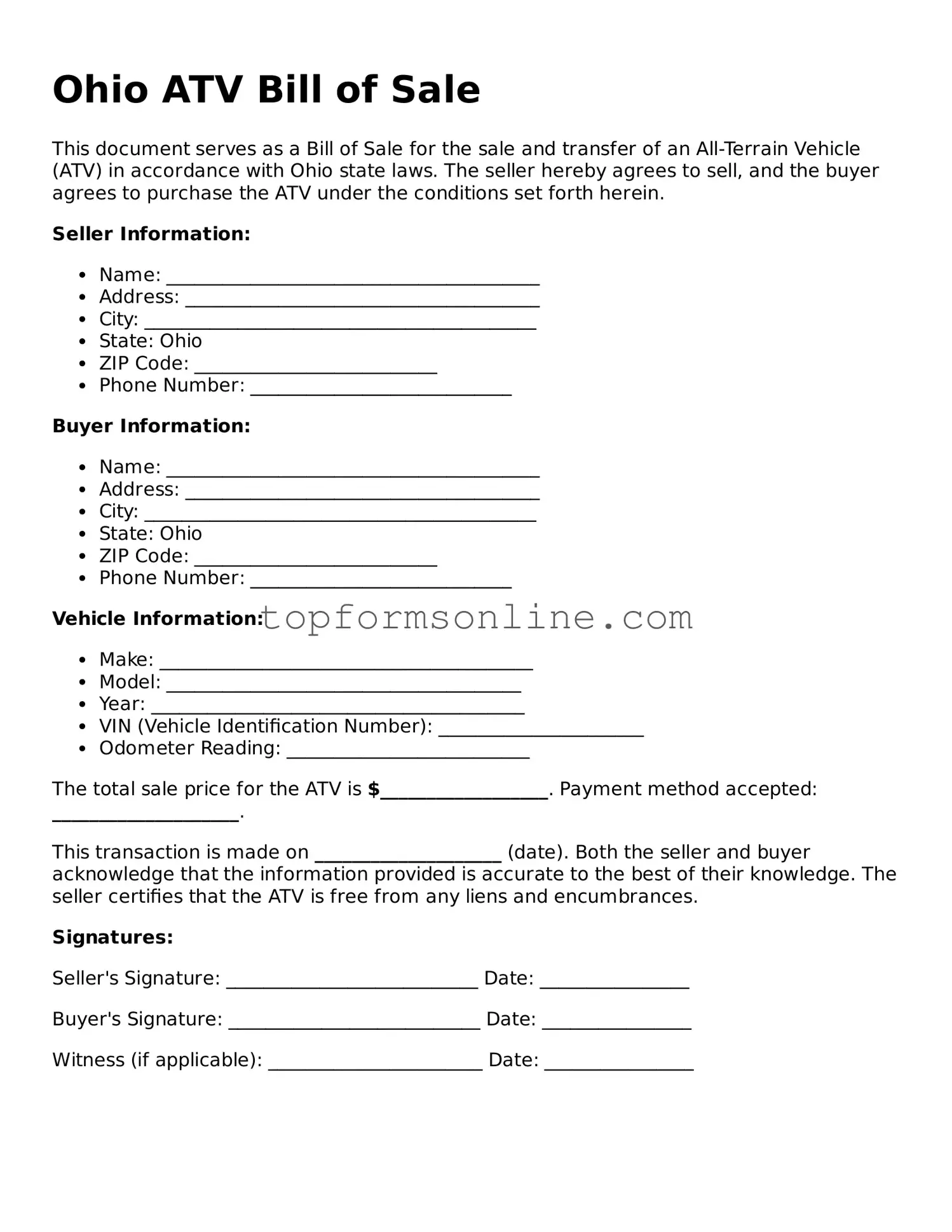 Printable Ohio ATV Bill of Sale Template