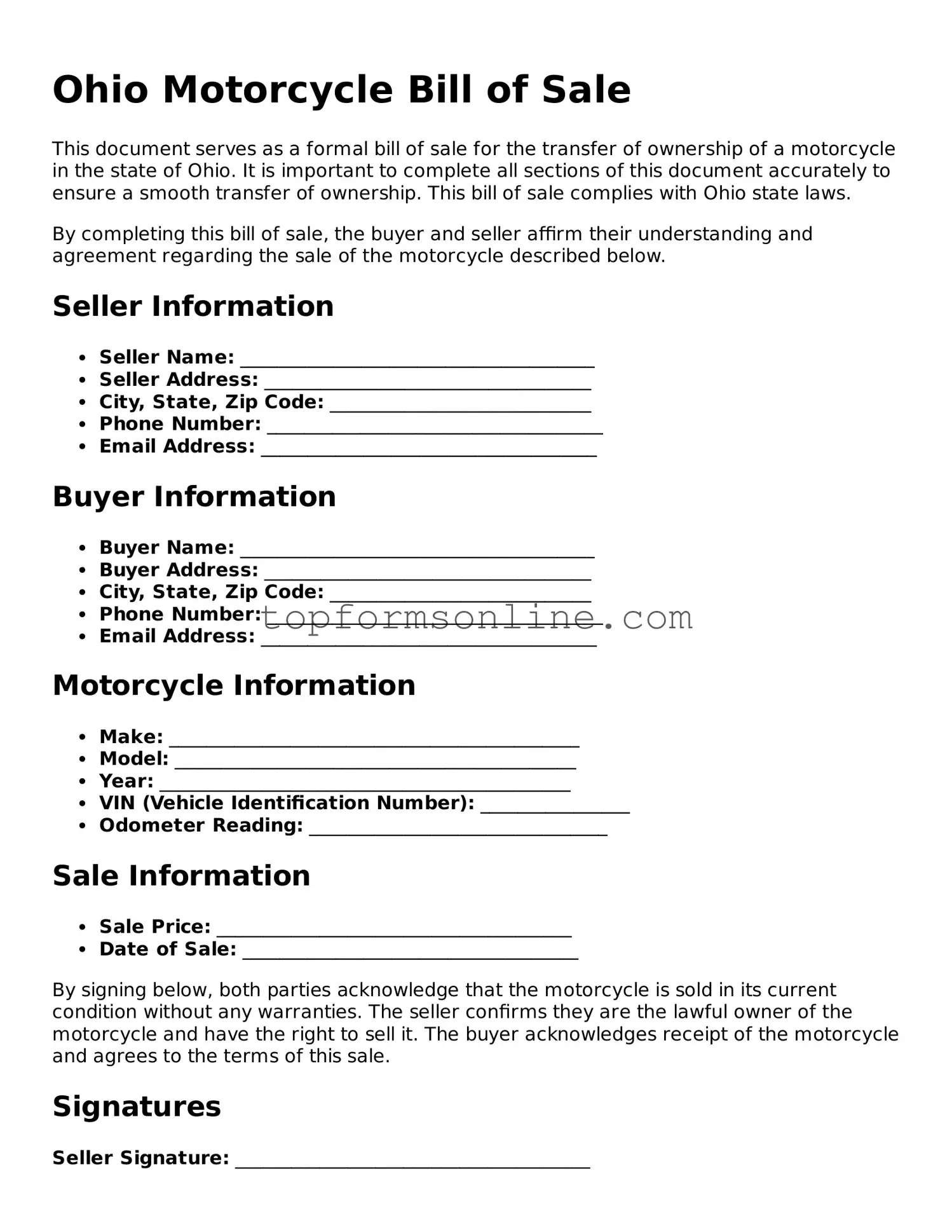 Printable Ohio Motorcycle Bill of Sale Template