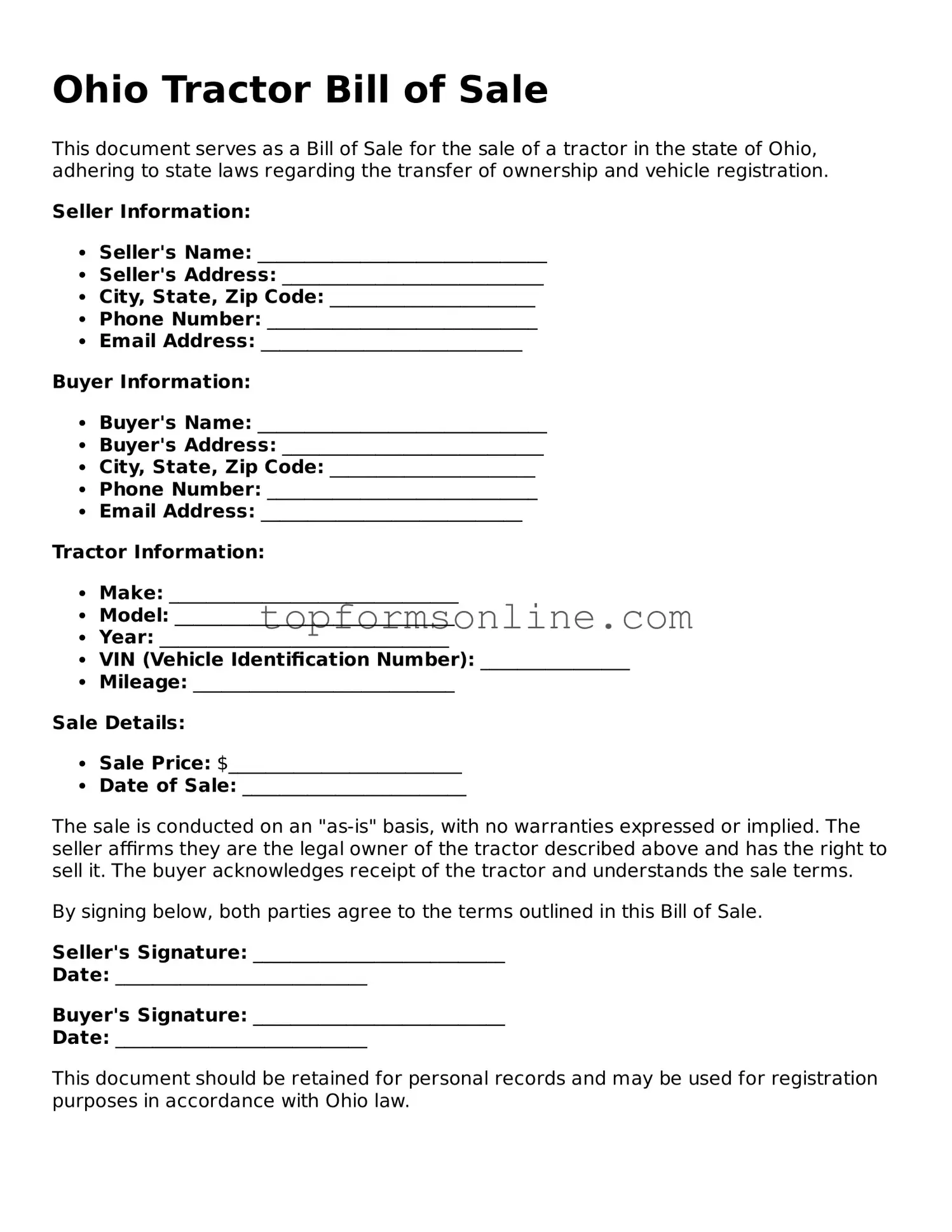 Printable Ohio Tractor Bill of Sale Template