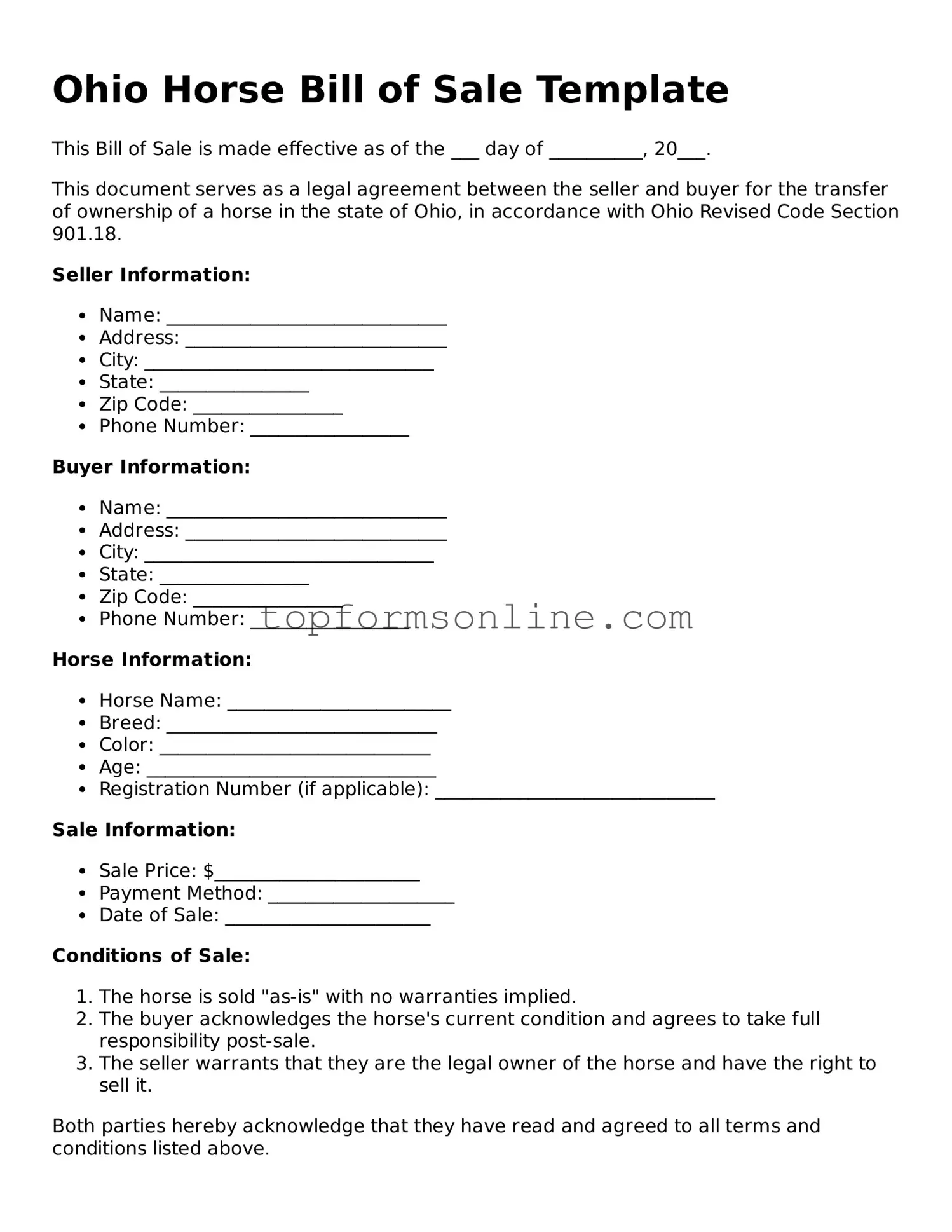 Printable Ohio Horse Bill of Sale Template
