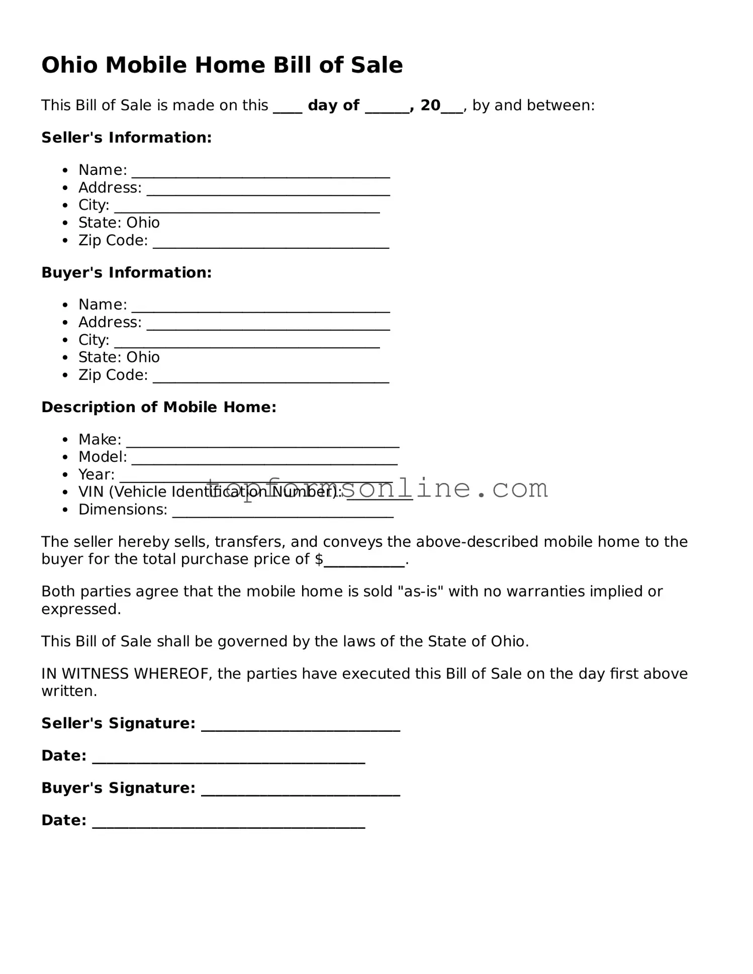 Printable Ohio Mobile Home Bill of Sale Template