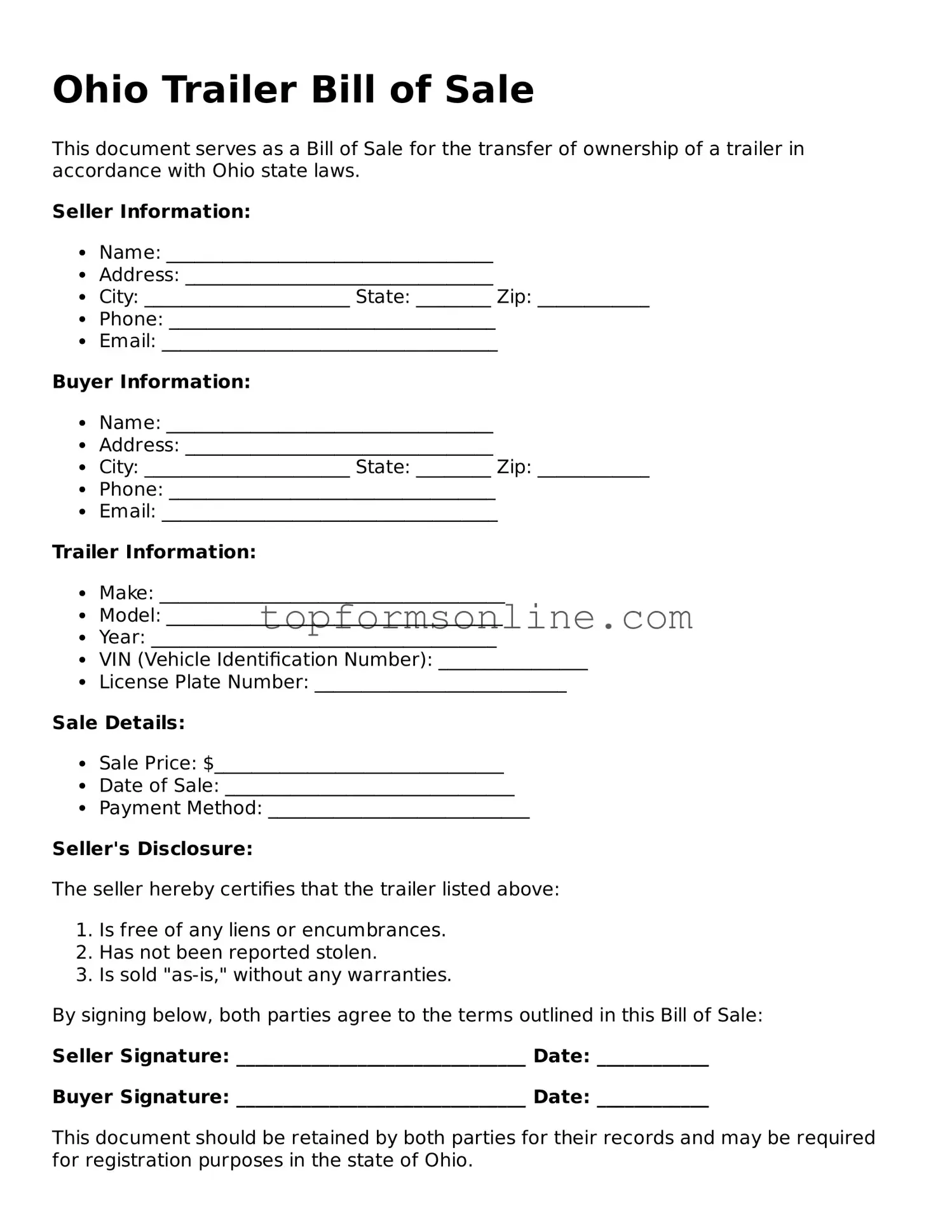 Printable Ohio Trailer Bill of Sale Template