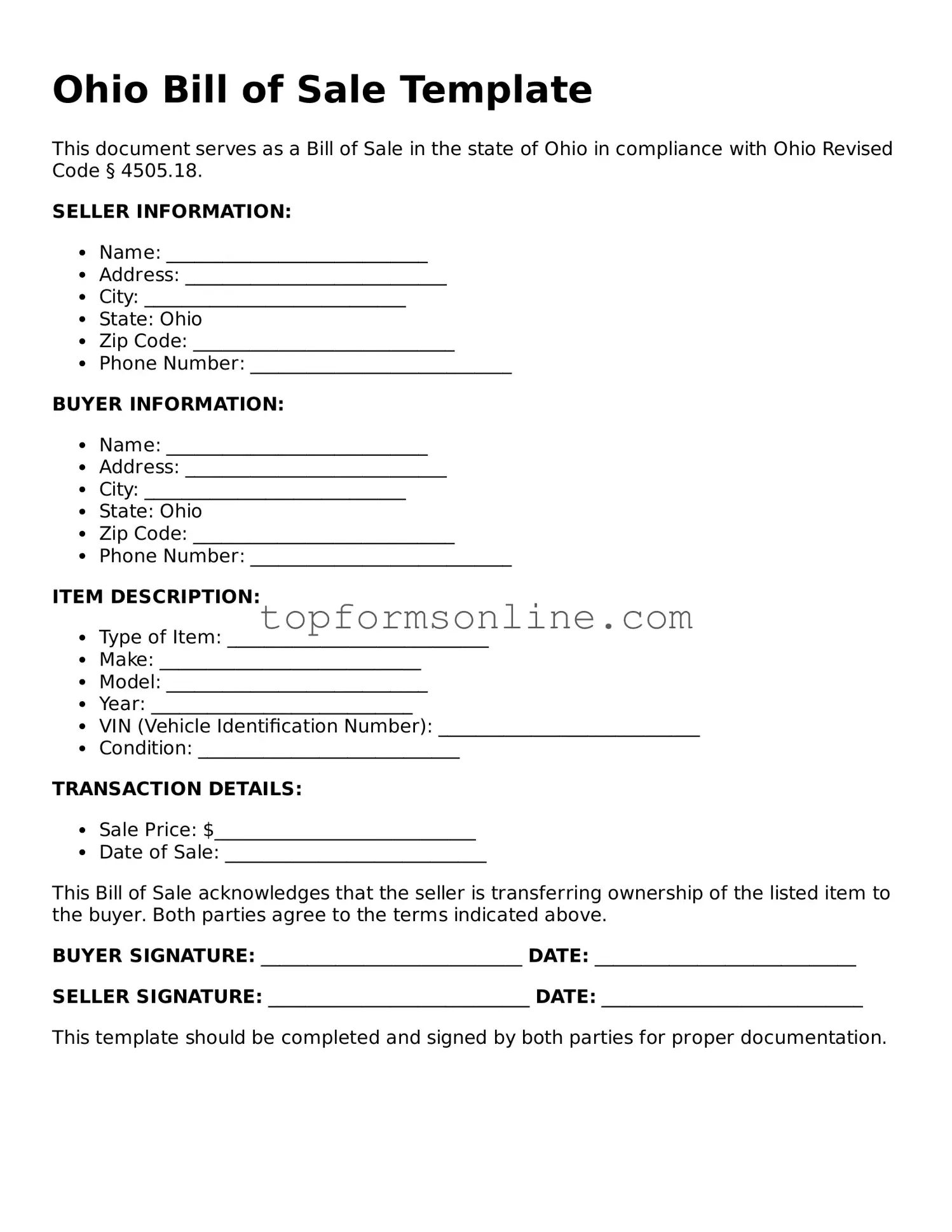Printable Ohio Bill of Sale Template